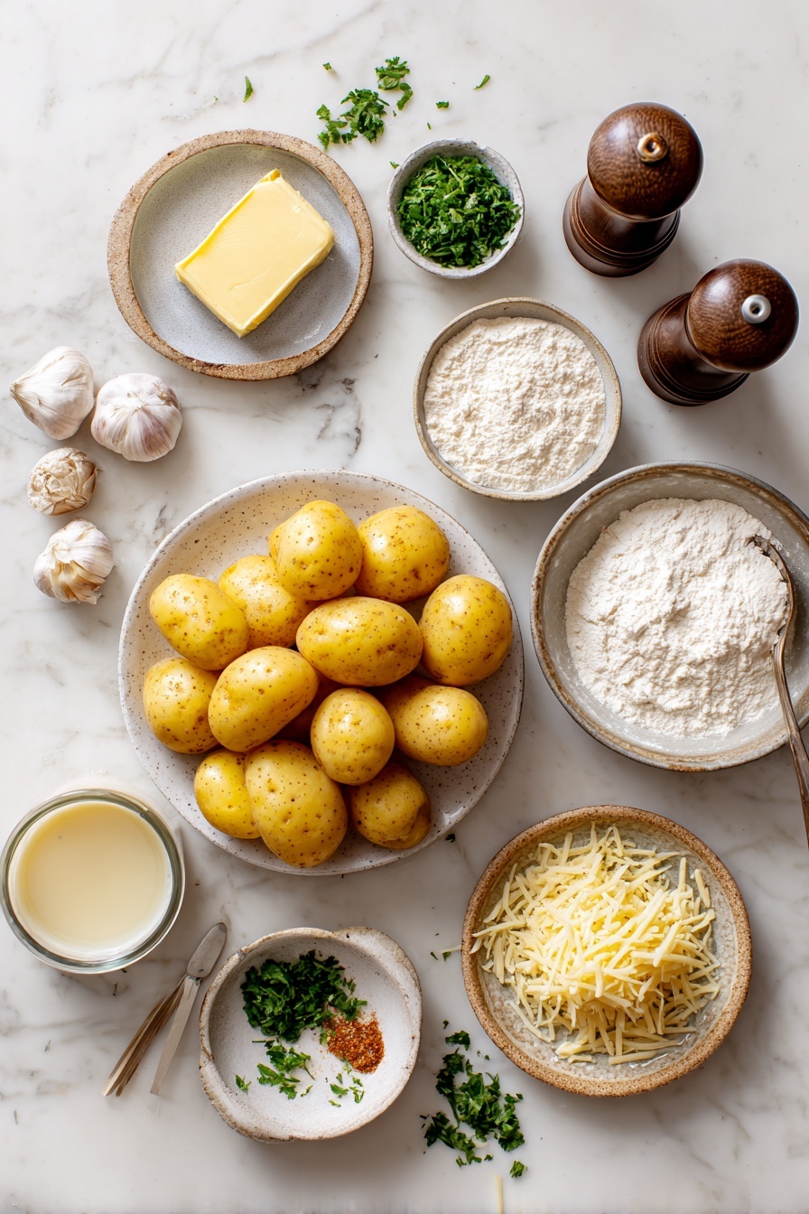 Creamy Garlic Potatoes, garlic mashed potatoes, easy potato side dish, buttery garlic potatoes, comfort food recipes - Flat lay of a small pile of yellow baby potatoes, a few garlic cloves minced in a small bowl, a pat of butter on a dish, a small mound of flour, a small cup of chicken broth, a half cup of creamy half and half in a glass, a small pile of shredded Parmesan cheese, a pinch of cayenne pepper in a tiny dish, fresh chopped parsley scattered around, with salt and black pepper grinders nearby, all placed on a white marble surface, photo taken with an iphone --ar 2:3 --v 7