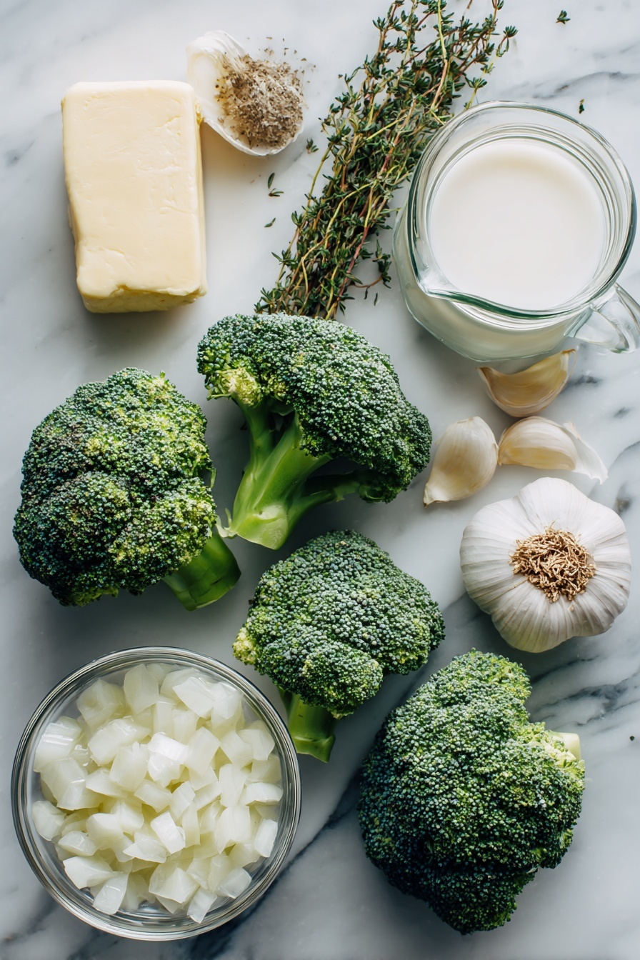 Cream of Broccoli Soup, Broccoli Soup Recipe, Healthy Broccoli Soup, Velvety Broccoli Soup, Easy Creamy Broccoli Soup - Flat lay of fresh broccoli florets, a medium diced white onion, whole garlic cloves, sprigs of dried thyme and oregano, a small mound of salted butter, and a splash of creamy milk and heavy cream artfully arranged in clear glass containers, placed on a white marble surface, photo taken with an iphone --ar 2:3 --v 7
