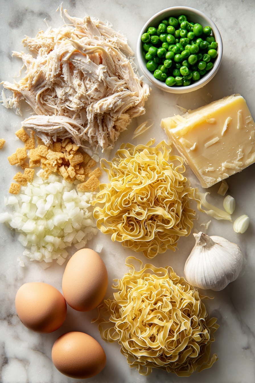 Creamy Chicken Casserole, Easy Chicken Casserole, Comforting Chicken Dinner, Cheesy Chicken Bake, Homemade Chicken Casserole - Flat lay of shredded cooked chicken, bright green frozen peas, diced white onion, minced garlic cloves, a block of sharp cheddar cheese with some shreds scattered nearby, pale yellow butter, a small pile of crushed golden crackers, and a wedge of grated parmesan cheese artfully arranged with uncooked egg noodles in loose nests, placed on a white marble surface, photo taken with an iphone --ar 2:3 --v 7