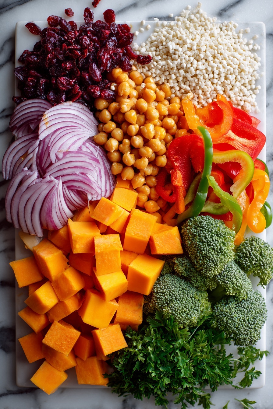 Roasted Pumpkin Couscous Salad with Fall Vegetables and Cranberries, roasted pumpkin salad, fall vegetable salad, cranberry couscous salad, pumpkin spice vegetable dish - Flat lay of vibrant cubed pumpkin, bright red onion wedges, colorful red and green bell pepper slices, fresh green broccoli florets, crisp orange carrot slices, golden chickpeas, raw pearl couscous grains, sprinkled pumpkin seeds, dried cranberries, and fresh chopped parsley, all beautifully arranged in an artful composition on a white marble surface, photo taken with an iphone --ar 2:3 --v 7