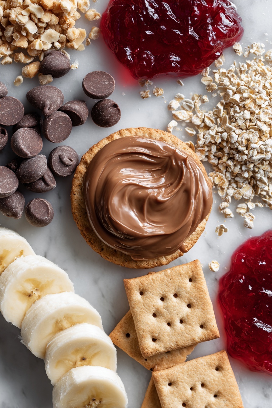 Vegan Chocolate-Coated Peanut Butter Cracker Sandwiches, vegan snack recipes, easy vegan dessert, no-bake vegan treats, quick vegan treats - Flat lay of smooth peanut butter spread in a small dollop, glossy vegan chocolate chips scattered around, a neat stack of round snack crackers, a small pile of crushed nuts shimmering with texture, vibrant dollops of jelly in rich red hues, fresh ripe banana slices with soft cream color and seeds visible, and a few square graham crackers with a crumbly texture, all beautifully arranged with balanced spacing and natural light highlighting their colors and textures, placed on a white marble surface, photo taken with an iphone --ar 2:3 --v 7
