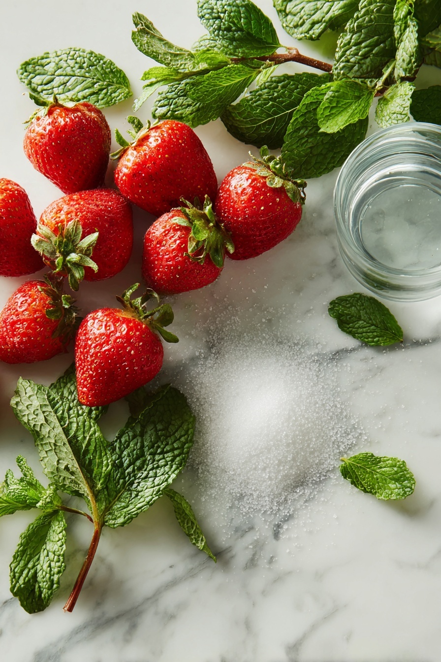 Strawberry Sorbet with Mint, strawberry sorbet, summer fruit desserts, homemade sorbet recipe, easy frozen strawberry dessert - Flat lay of ripe red strawberries with green leafy tops, fresh bright green mint sprigs and loose mint leaves scattered among them, a small pile of granulated white sugar sparkling under soft light, and a clear glass of fresh water beside the fruits, all arranged beautifully on a white marble surface, photo taken with an iphone --ar 2:3 --v 7