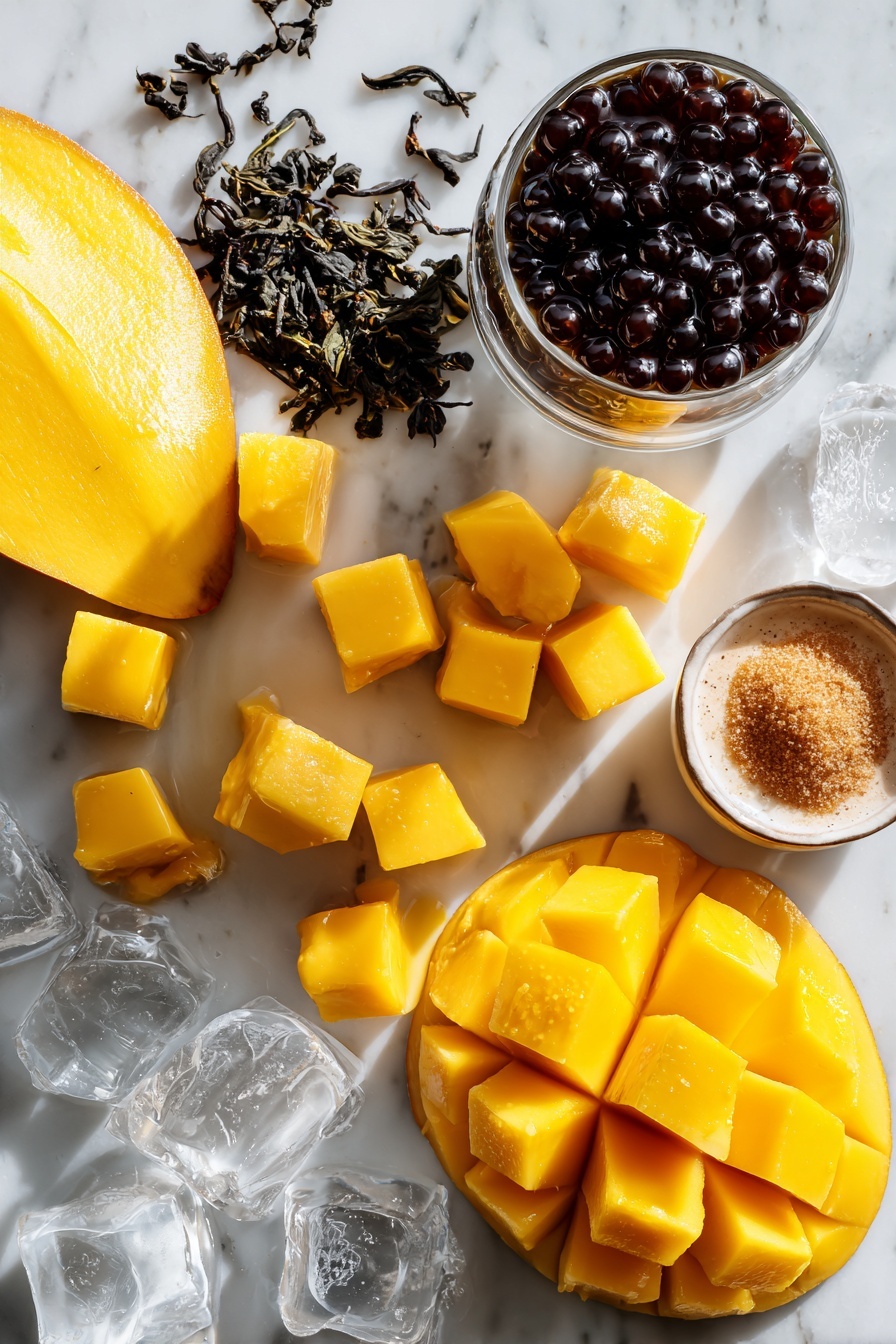 Mango Bubble Tea, mango bubble tea recipe, tropical bubble tea, how to make mango boba, best mango bubble tea - Flat lay of ripe mangoes cut into bright yellow cubes, glossy black cooked tapioca pearls glistening with brown sugar syrup, loose green tea leaves scattered nearby, a small pile of brown sugar crystals, a splash of creamy plant-based milk in a glass pour, and a few ice cubes sparkling clear, all beautifully arranged with vibrant colors and textures, placed on a white marble surface, photo taken with an iphone --ar 2:3 --v 7