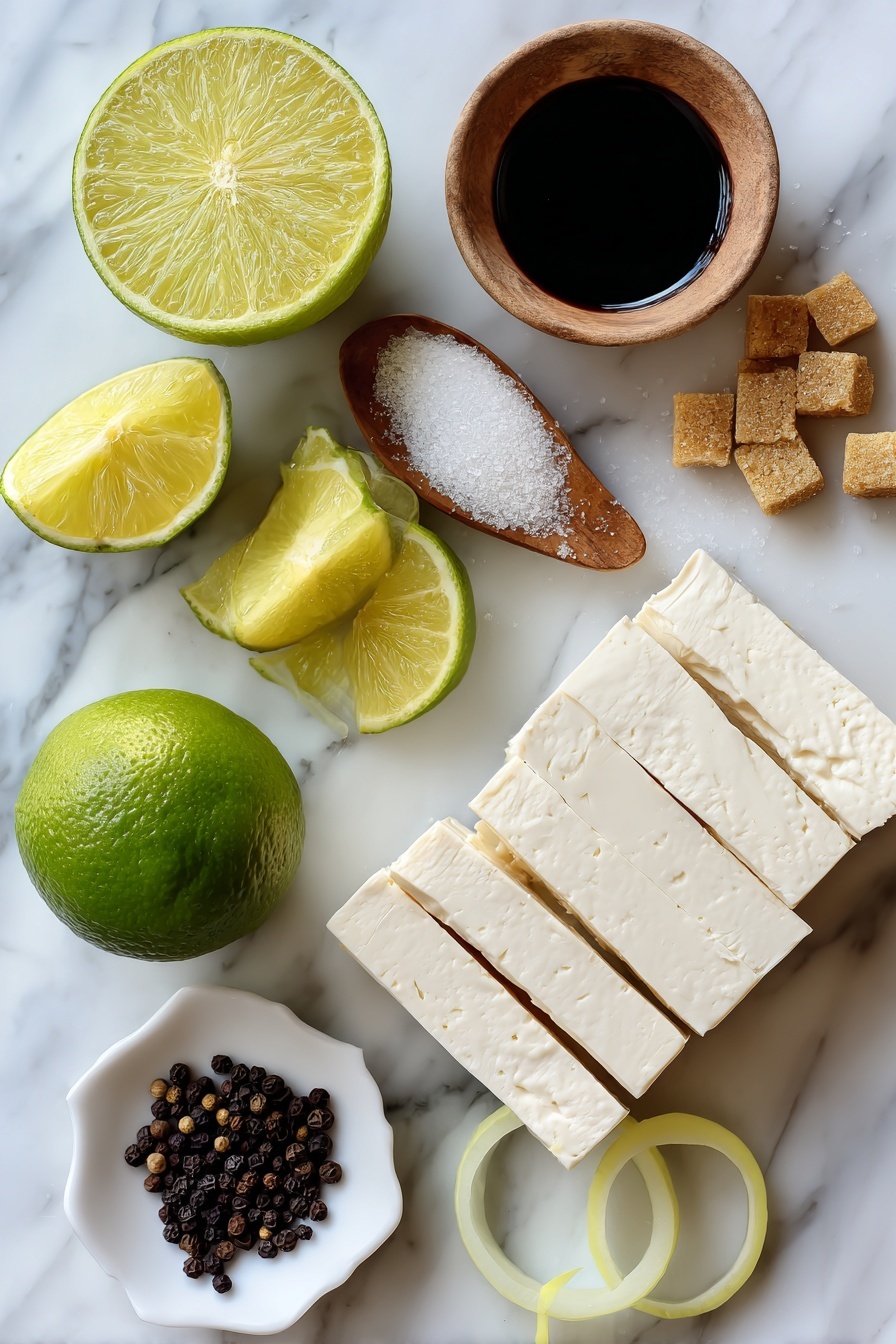 Sautéed Lime Tofu, lime tofu stir-fry, crispy tofu with lime, healthy tofu recipes, quick tofu dinner - Flat lay of firm tofu strips, fresh whole lime and lime wedges, glossy yellow onion slices, small piles of brown sugar crystals, a small dish of dark soy sauce, and a scattering of black peppercorns beautifully arranged on a white marble surface, photo taken with an iphone --ar 2:3 --v 7