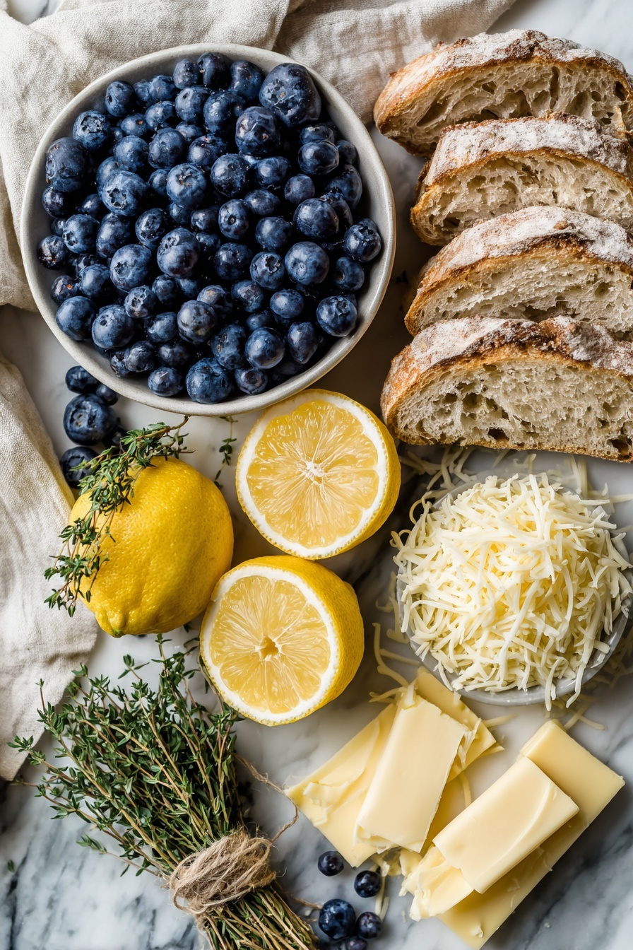 Blueberry White Cheddar Grilled Cheese with Lemon Thyme, blueberry grilled cheese, gourmet grilled cheese sandwich, fruit and cheese sandwich, lemon thyme grilled cheese - Flat lay of fresh blueberries spilling gently from a small cluster, vibrant lemon halves with visible juice droplets, bright green lemon thyme sprigs tied with twine, rustic slices of sourdough bread showcasing their thick crust and airy crumb, shredded white cheddar cheese and shredded mozzarella cheese piles side by side displaying creamy textures, and a few pats of pale yellow butter arranged neatly, all placed on a white marble surface, photo taken with an iphone --ar 2:3 --v 7