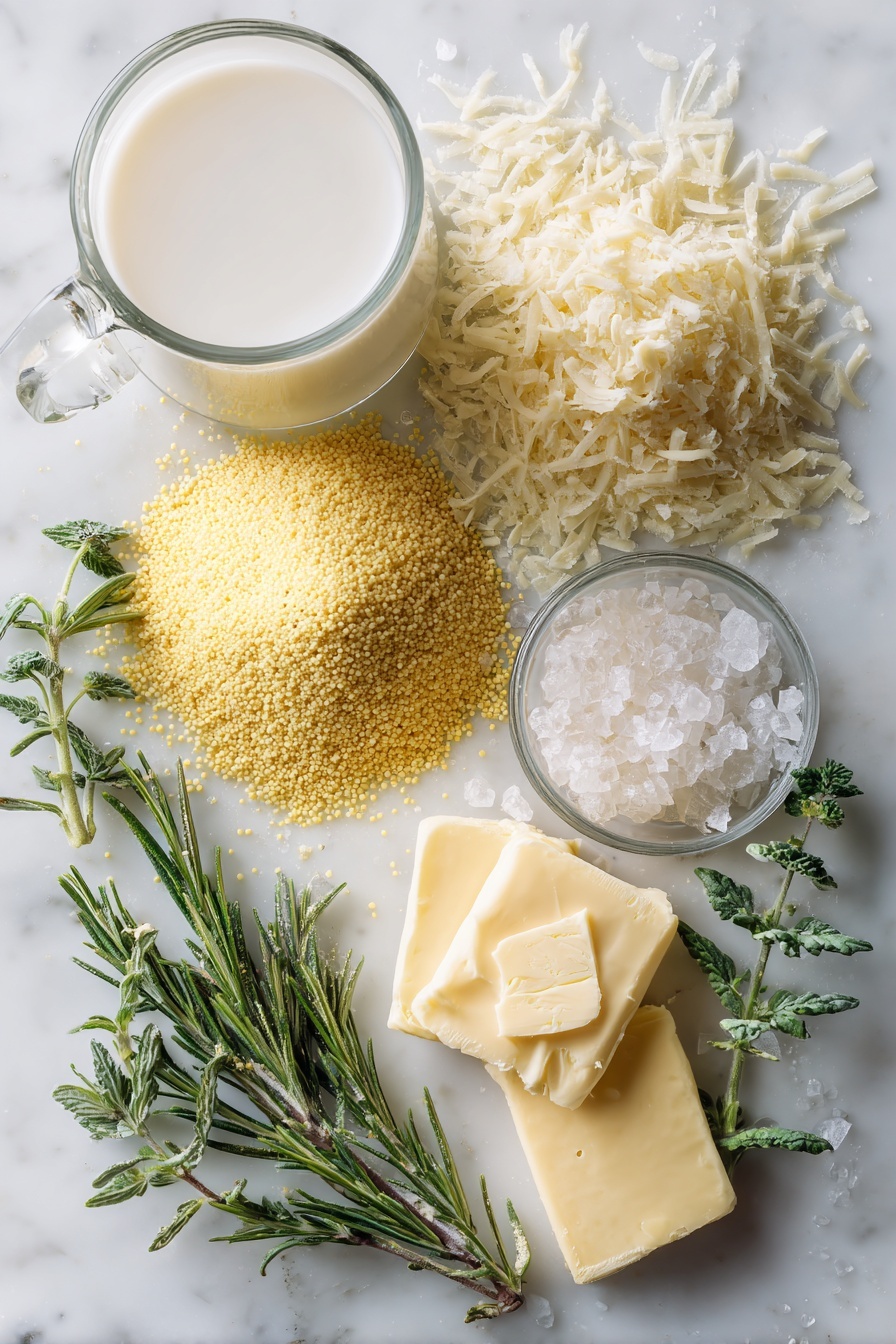 Creamy Parmesan Polenta, Parmesan Polenta, Creamy Polenta Recipe, Easy Polenta Dish, Comfort Food Recipes - Flat lay of coarse yellow cornmeal in a small mound, a generous pile of grated Parmesan cheese with some shavings scattered around, a few pats of creamy butter, fresh green rosemary sprigs with delicate leaves, a glass of white milk with a soft reflection, and crystal-like kosher salt flakes arranged carefully, all placed on a white marble surface, photo taken with an iphone --ar 2:3 --v 7