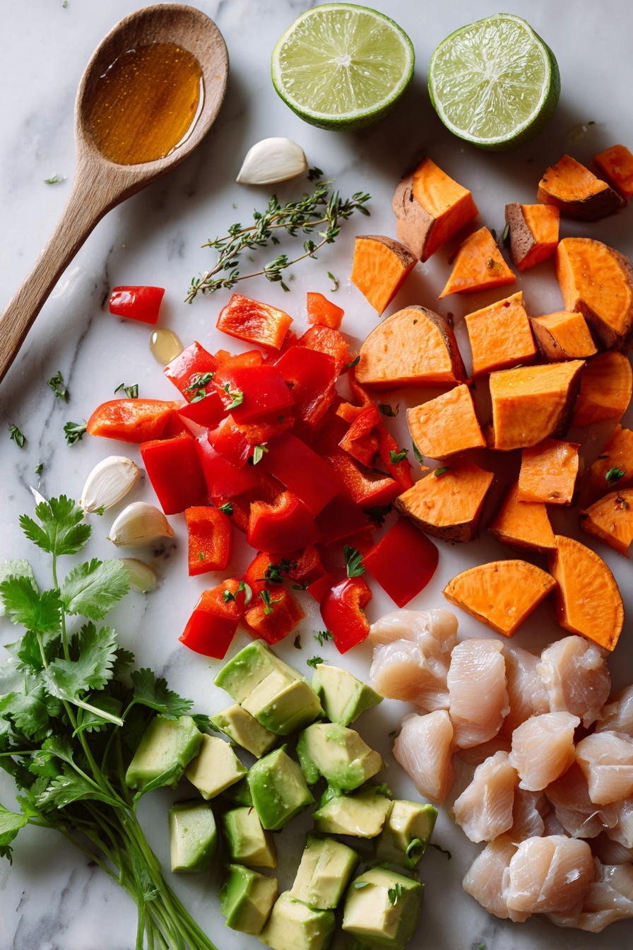 Grilled Chili Lime Honey Chicken, Chili Lime Honey Chicken with Roasted Sweet Potatoes and Avocado Salsa, Healthy Chicken Recipes, Easy Grilled Dinner Ideas, Vibrant Chicken and Veggie Meals - Flat lay of bright orange sweet potato wedges, vibrant red bell pepper chunks, fresh green avocado cubes, a whole jalapeño pepper, fresh lime halves, sprigs of green cilantro and oregano, garlic cloves, and glistening honey drizzled on a small wooden spoon, all beautifully arranged with pieces of raw chicken breast chunks scattered artfully, placed on a white marble surface, photo taken with an iphone --ar 2:3 --v 7