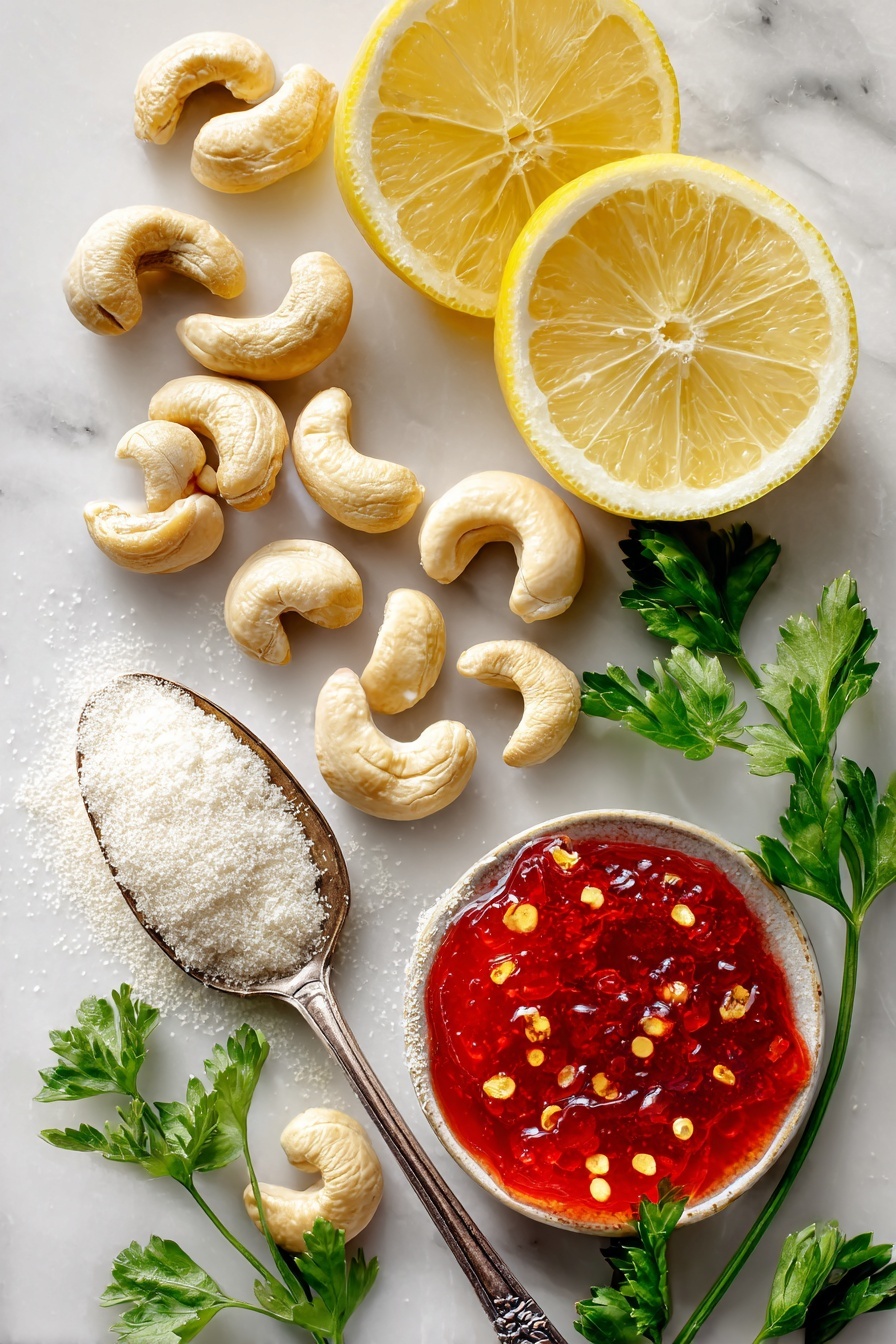 Vegan Brie Dip with Pepper Jelly, vegan cheese dip, dairy-free party dip, spicy vegan appetizer, crowd-pleasing vegan dip - Flat lay of raw cashews, fresh lemon halves with bright yellow flesh, a small mound of white miso paste, translucent tapioca starch powder, a spoonful of vivid red pepper jelly glistening with visible chili flakes, and sprigs of fresh green parsley, all beautifully arranged with vibrant colors and textures, placed on a white marble surface, photo taken with an iphone --ar 2:3 --v 7