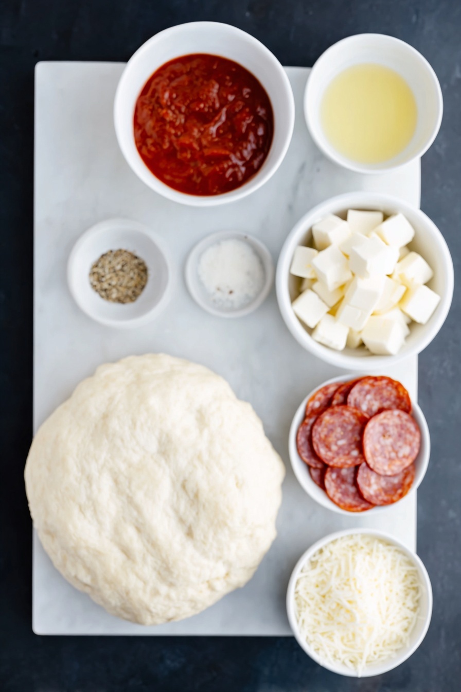 Cheesy Pizza Bombs with Garlic Butter and Pepperoni, easy pizza bombs, cheesy snack recipes, garlic butter appetizer, pepperoni bites - Flat lay of a stack of round, pale buttermilk biscuits with smooth tops, a small white bowl filled with rich red pizza sauce, a neat pile of glossy mini pepperoni slices, sixteen small cubes of fresh white mozzarella cheese arranged symmetrically, a simple white bowl holding melted golden butter, another white bowl with finely grated pale parmesan cheese, and a small white bowl containing a mix of dried Italian seasoning and garlic salt sprinkled evenly, placed on a clean white marble surface, soft natural light, photo taken with an iPhone, professional food photography style, fresh ingredients, white ceramic bowls, no bottles, no duplicates, no utensils, no packaging --ar 2:3 --v 7 --p awthu7i m7354615311229779997