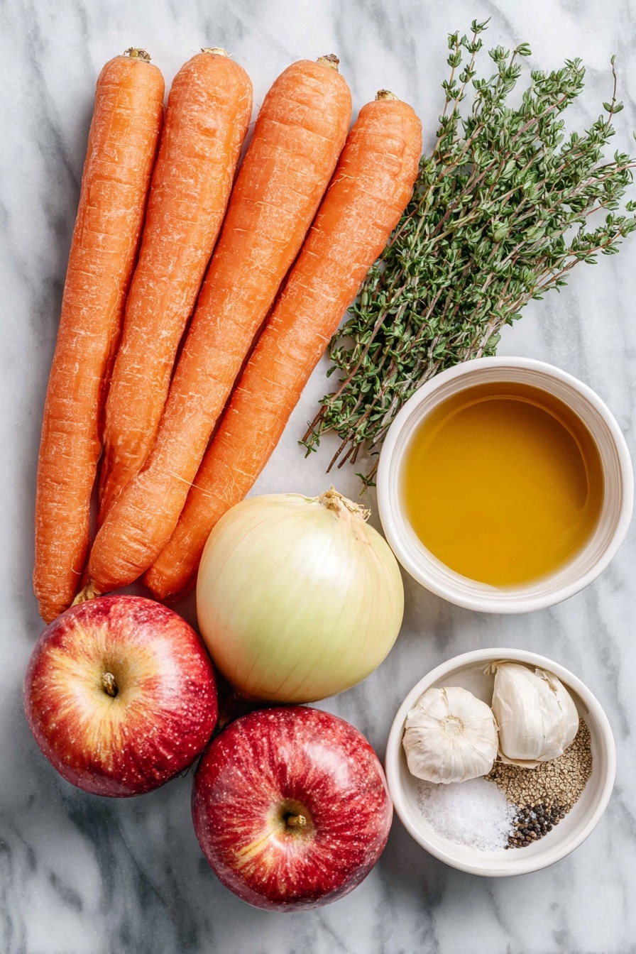 Maple Dijon Roasted Carrots and Apples, roasted carrot and apple side dish, sweet and savory roasted vegetables, caramelized roasted carrots and apples, easy autumn side dish - Flat lay of fresh whole large orange carrots with leafy green tops removed, three large rosy red and yellow apples, a medium yellow onion with papery skin, five whole uncracked garlic cloves, a few sprigs of fresh green thyme, small white ceramic bowls each containing golden olive oil, amber maple syrup, coarse whole grain Dijon mustard, fine sea salt crystals, and whole black peppercorns, all arranged symmetrically and balanced, placed on a clean white marble surface, soft natural light, photo taken with an iPhone, professional food photography style, fresh ingredients, white ceramic bowls, no bottles, no duplicates, no utensils, no packaging --ar 2:3 --v 7 --p awthu7i m7354615311229779997