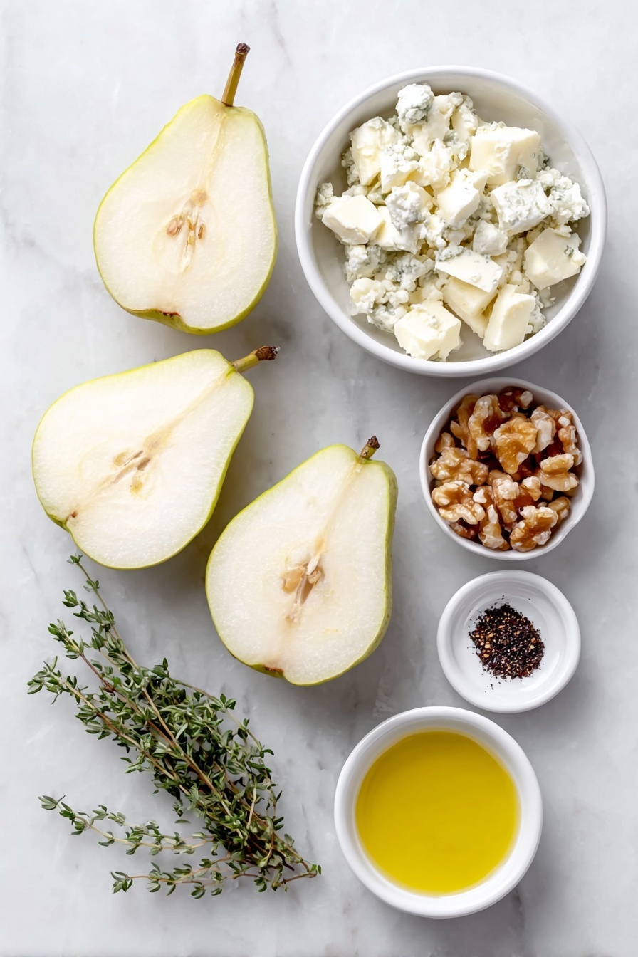 Blue Cheese Stuffed Pears, stuffed pears appetizer, elegant pear appetizer, blue cheese and walnut snack, easy pear appetizer - Flat lay of three large Bosc pears halved with cores removed, a small white bowl filled with crumbled Danish blue cheese, a small white bowl of chopped walnuts, three fresh thyme sprigs, a small white bowl of golden honey, a small white bowl of olive oil, a small white bowl with Aleppo pepper, and a few loose fresh thyme leaves arranged symmetrically on a clean white marble surface, soft natural light, photo taken with an iPhone, professional food photography style, fresh ingredients, white ceramic bowls, no bottles, no duplicates, no utensils, no packaging --ar 2:3 --v 7 --p awthu7i m7354615311229779997