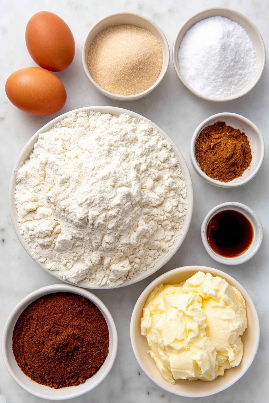 Gingerbread Cake with Butterscotch Sauce, gingerbread cake recipe, spiced gingerbread cake, cozy holiday dessert, easy gingerbread cake - Flat lay of a small mound of all-purpose flour, two teaspoons of ground ginger in a small white bowl, a small white bowl with cinnamon powder, another with nutmeg powder, a tiny white bowl containing ground cloves, a small white bowl with baking soda, a pinch of salt in a tiny white bowl, a small white bowl holding melted unsalted butter, a small white bowl filled with light brown sugar, a small white bowl with dark molasses, a small white bowl of hot water, two whole uncracked brown eggs, a small white bowl with vanilla extract, placed on a clean white marble surface, soft natural light, photo taken with an iPhone, professional food photography style, fresh ingredients, white ceramic bowls, no bottles, no duplicates, no utensils, no packaging --ar 2:3 --v 7 --p awthu7i m7354615311229779997