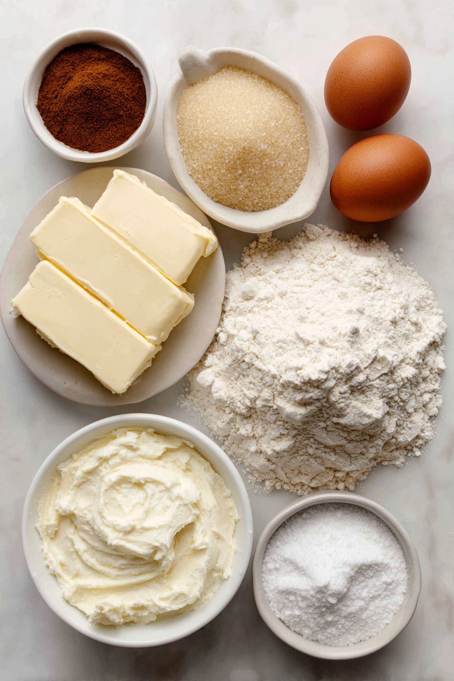 Brown Sugar Pop Tart Cookies, homemade pop tart cookies, cinnamon brown sugar cookies, soft buttery cookies, easy bake pop tart treats - Flat lay of a small mound of all-purpose flour, a small pile of cornstarch powder, a small heap of granulated sugar, a small mound of packed light brown sugar, two sticks of unsalted butter with a natural creamy texture, one large uncracked brown egg, a few sprigs of vanilla beans, a small white ceramic bowl filled with smooth sour cream, a small white ceramic bowl containing ground cinnamon, and a small white ceramic bowl with powdered sugar, placed on a clean white marble surface, soft natural light, photo taken with an iPhone, professional food photography style, fresh ingredients, white ceramic bowls, no bottles, no duplicates, no utensils, no packaging --ar 2:3 --v 7 --p awthu7i m7354615311229779997