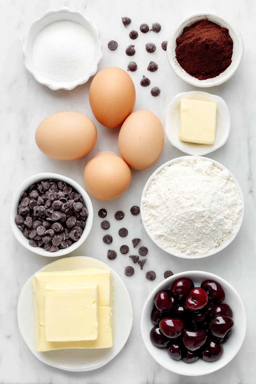 Chocolate Cherry Cheesecake Cookies, chocolate cherry cookies, cheesecake cookie recipe, cherry chocolate dessert, soft chewy cookies - Flat lay of a small block of salted butter, two whole brown eggs with clean shells, a few heaped tablespoons of white granulated sugar and light brown sugar placed side by side, a small white bowl filled with dark cocoa powder, another small white bowl containing fine instant chocolate pudding mix powder, a neat pile of all-purpose flour, a small white bowl of creamy softened cream cheese, a small cube of softened butter, a small white bowl filled with powdered sugar, a small white bowl holding glossy whole cherries in thick pie filling syrup, and a scattering of mini chocolate chips arranged symmetrically, all on simple white ceramic bowls and plates, placed on a clean white marble surface, soft natural light, photo taken with an iPhone, professional food photography style, fresh ingredients, white ceramic bowls, no bottles, no duplicates, no utensils, no packaging --ar 2:3 --v 7 --p awthu7i m7354615311229779997