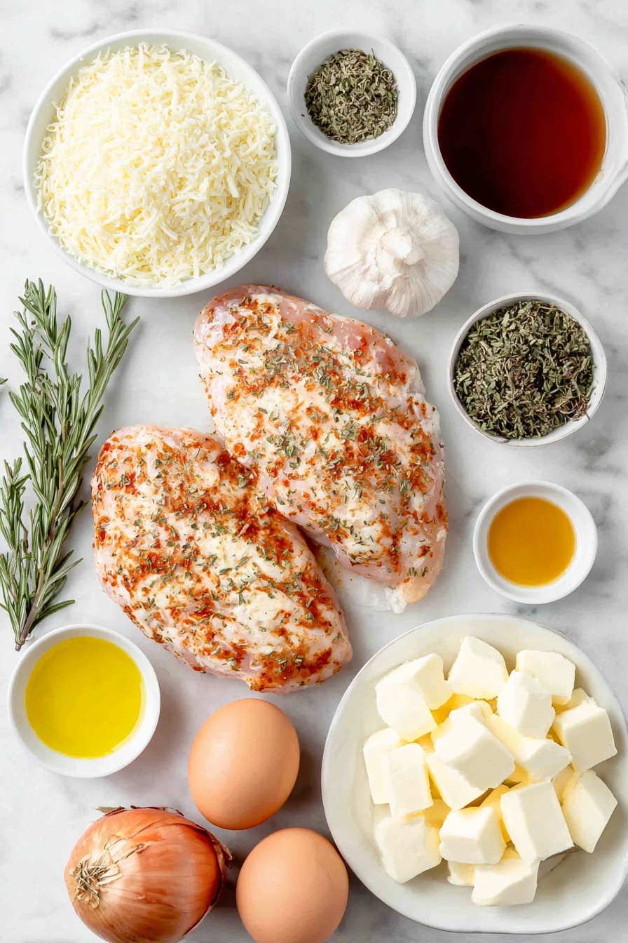 French Onion Chicken Bake, French Onion Chicken, baked chicken with onions, cheesy chicken bake, simple dinner recipes - Flat lay of two large boneless skinless chicken breasts seasoned with Italian herbs and garlic powder, a small mound of flour mixed with shredded Parmesan cheese, three whole yellow onions sliced in half to show their layers, three whole uncracked brown eggs, three cloves of fresh garlic with papery skins intact, a small pinch bowl of dried rosemary, a small pinch bowl of dried thyme, a small pinch bowl of ground sage, a small white bowl of golden olive oil, a small white bowl of unsalted butter cubes, a small white bowl of low sodium soy sauce, a small white bowl of dry white wine, a small white bowl of chicken broth, a small white bowl of beef broth, a whole beef bouillon cube, and a pile of fresh mozzarella cheese slices—all arranged in perfect symmetry on simple white ceramic bowls and plates placed on a clean white marble surface, soft natural light, photo taken with an iPhone, professional food photography style, fresh ingredients, white ceramic bowls, no bottles, no duplicates, no utensils, no packaging --ar 2:3 --v 7 --p awthu7i m7354615311229779997