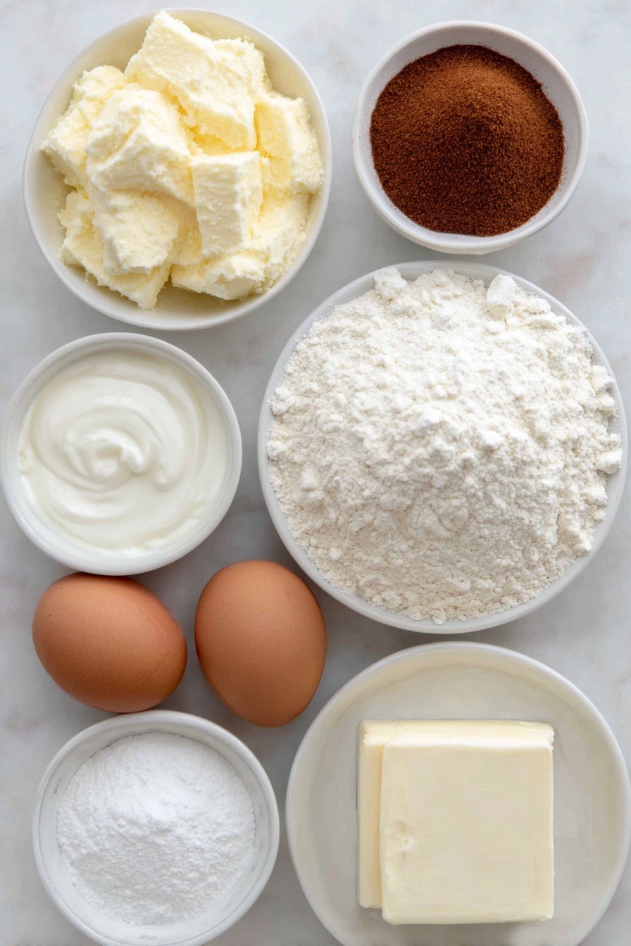Cinnamon Bundt Cake with Cream Cheese Icing, cinnamon bundt cake, easy cinnamon cake, homemade bundt cake, cinnamon dessert recipes - Flat lay of a small mound of golden unsalted butter, two large brown eggs with clean shells, a small white bowl filled with thick white sour cream, a small white bowl holding clear pale vanilla extract, a neat pile of white all-purpose flour, a small white bowl of light beige baking soda powder, a small white bowl with fine ground cinnamon powder, a small white bowl containing light brown packed brown sugar, a block of creamy white cream cheese, a small white bowl of fine white powdered sugar, a small white bowl filled with creamy light 2% milk, all ingredients arranged symmetrically on a clean white ceramic surface, placed on a clean white marble surface, soft natural light, photo taken with an iPhone, professional food photography style, fresh ingredients, white ceramic bowls, no bottles, no duplicates, no utensils, no packaging --ar 2:3 --v 7 --p m7354615311229779997