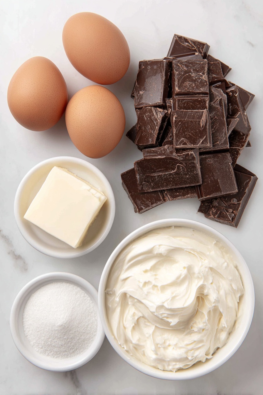 Decadent Chocolate Mousse, chocolate mousse recipe, rich chocolate dessert, easy chocolate mousse, creamy chocolate treat - Flat lay of three whole brown eggs with clean shells, a small pile of broken dark cooking chocolate pieces with a rich deep brown color, a small pat of creamy unsalted butter, a small white ceramic bowl filled with thick full-fat cream, and a small white ceramic bowl containing fine white caster sugar, a few thin delicate chocolate shavings artfully scattered on the side, all arranged in perfect symmetry on a clean white marble surface, soft natural light, photo taken with an iPhone, professional food photography style, fresh ingredients, white ceramic bowls, no bottles, no duplicates, no utensils, no packaging --ar 2:3 --v 7 --p m7354615311229779997