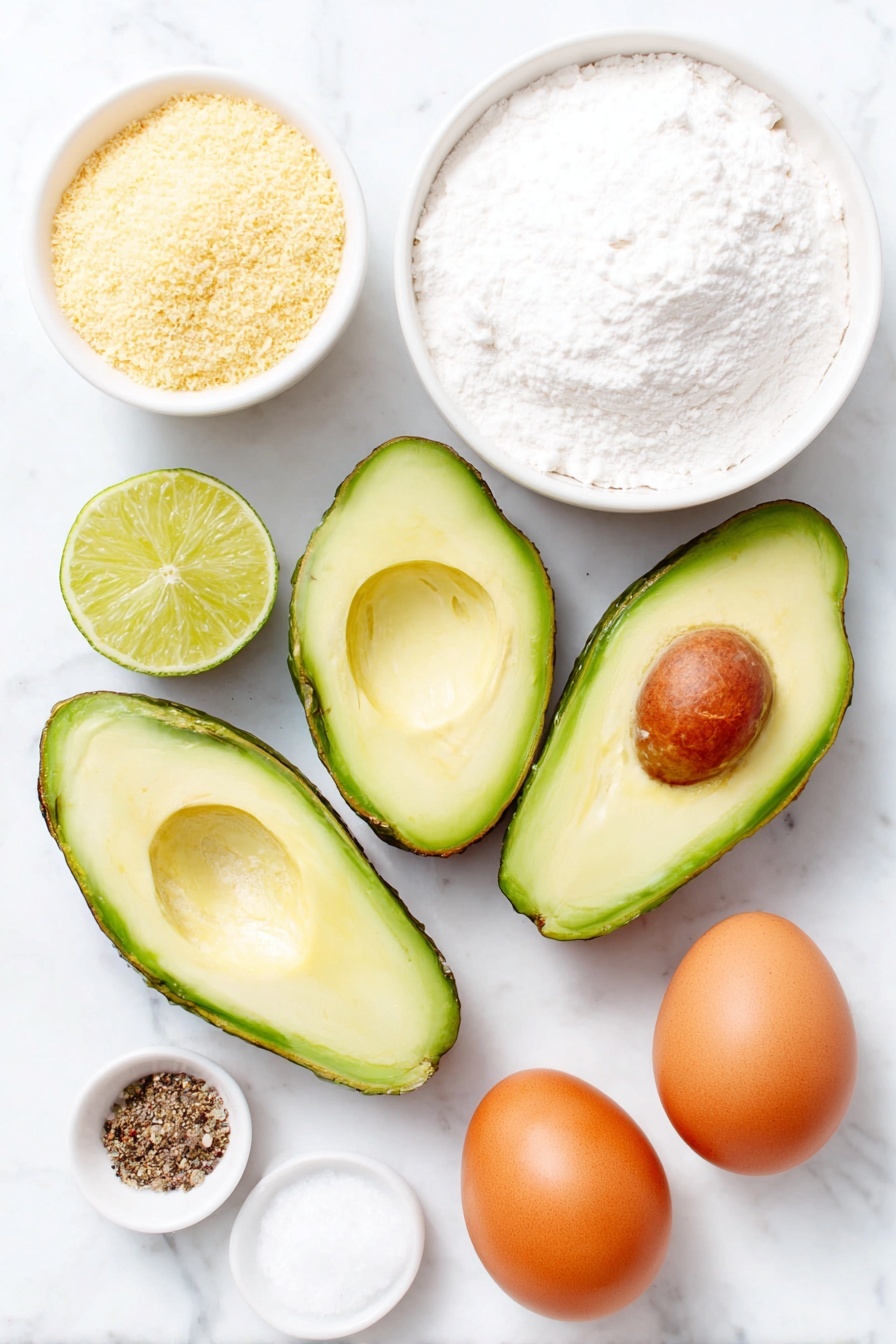 Baked Avocado Fries, crispy baked avocado fries, healthy avocado snack, easy avocado fries, crispy avocado recipes - Flat lay of two large sliced avocado wedges with bright green flesh and dark skin, one halved fresh lime with visible juicy pulp, two whole uncracked brown eggs, a small white ceramic bowl of fine white flour, a small white ceramic bowl filled with golden panko bread crumbs, a small white ceramic bowl containing coarse ground black pepper, a small white ceramic bowl with kosher salt crystals, placed on a clean white marble surface, soft natural light, photo taken with an iPhone, professional food photography style, fresh ingredients, white ceramic bowls, no bottles, no duplicates, no utensils, no packaging --ar 2:3 --v 7 --p m7354615311229779997