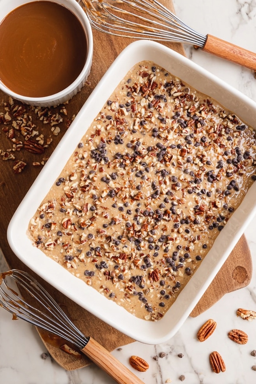 German Chocolate Poke Cake, chocolate poke cake, coconut pecan cake, easy German chocolate cake, decadent chocolate dessert - A white baking dish filled with a light brown batter, spread evenly, and topped with a mix of small chopped nuts, dark chocolate chips, and seeds, creating a textured and colorful top layer. To the left of the dish is a white bowl with a thick brown sauce sticking to the sides, and below on the wooden surface is a whisk with a wooden handle and a few scattered nuts around it. The background is a white marbled texture. Photo taken with an iphone --ar 2:3 --v 7