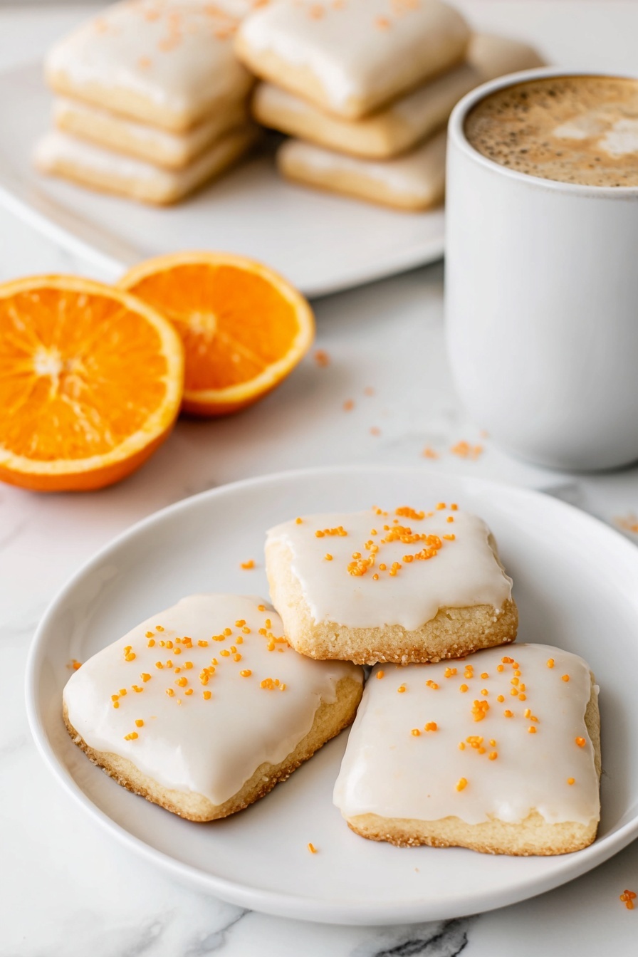 Cardamom Shortbread Cookies with Orange Glaze, fragrant shortbread cookies, orange glaze cookie recipe, aromatic holiday cookies, easy shortbread with citrus glaze - The image shows a stack of four square cookies with smooth white icing on top, slightly dripping down the sides. The cookies are light golden brown with a crumbly texture. The top cookie has small orange zest pieces sprinkled on its icing. Around the stack, there are other similar white-iced square cookies lying flat on a white marbled surface. The background is softly blurred with warm, light bokeh. photo taken with an iphone --ar 2:3 --v 7