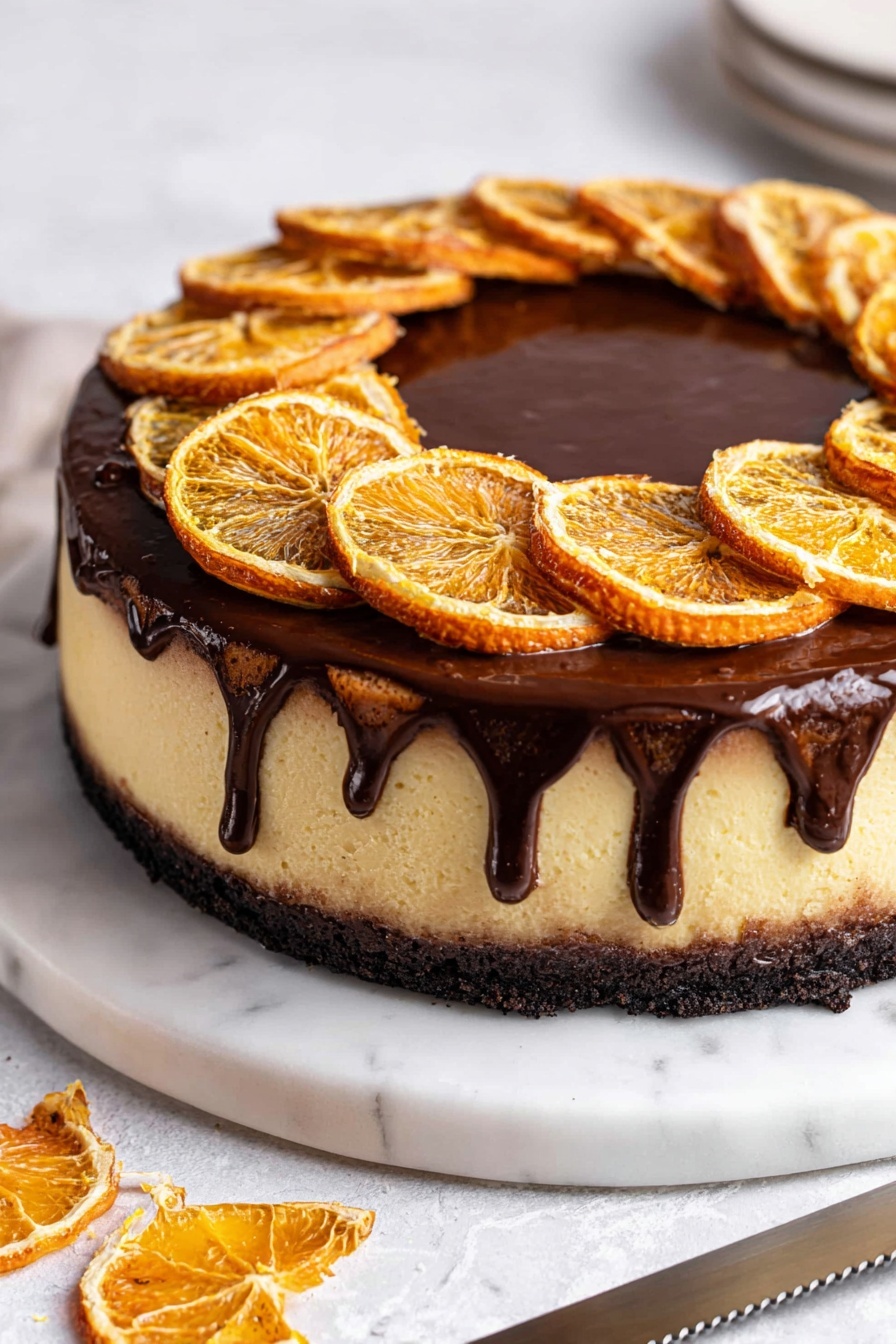 Chocolate Orange Cheesecake, chocolate orange dessert, citrus cheesecake recipe, easy holiday cheesecake, creamy fruit cheesecake - The image shows a round cheesecake with three layers, placed on a white marbled surface. The bottom layer is a dark, crumbly crust. The middle layer is a thick, creamy pale yellow cheesecake with a smooth texture. The top layer is a glossy dark chocolate glaze that gently drips down the sides. On top of the cheesecake, there are evenly spaced dried orange slices standing upright in a circle around the edge. A serrated knife lies beside the cheesecake on the white marble. Photo taken with an iphone --ar 2:3 --v 7