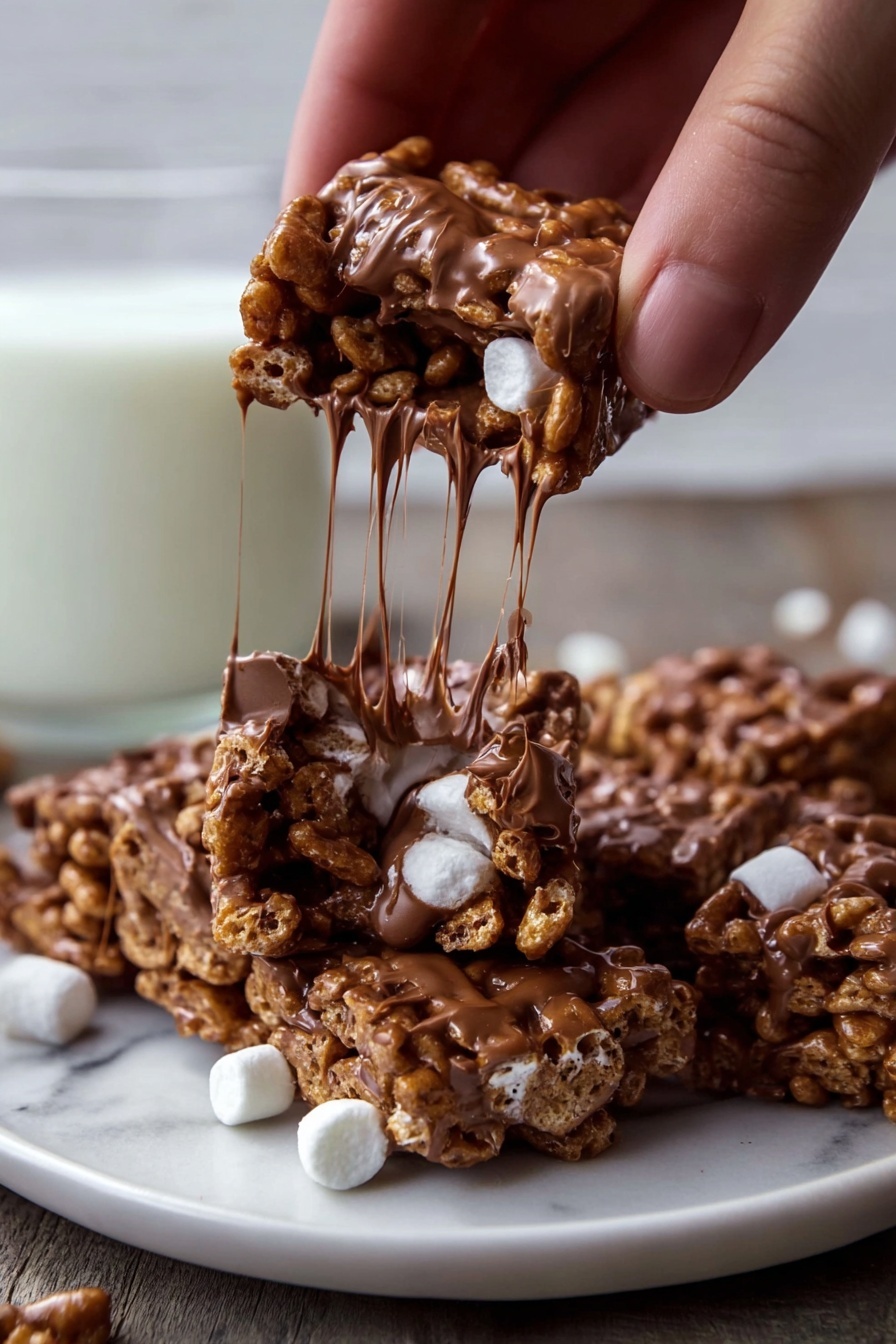 Golden Grahams S'Mores Bars, s'mores bars, no-bake dessert, campfire-inspired treats, easy dessert recipes - A close-up of a woman's hand holding a piece of chocolate treat made with square cereal pieces and small white marshmallows, all coated and stuck together with melted chocolate that looks sticky and stretchy, showing strings of chocolate pulling as the treat is being broken. In the background, part of a white plate with more pieces of the treat and a glass of milk can be seen on a white marbled surface. photo taken with an iphone --ar 2:3 --v 7