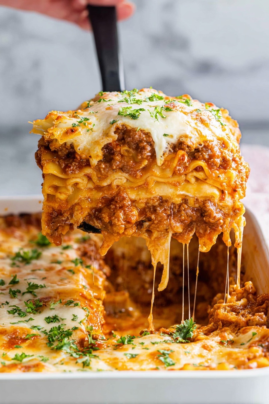 Easy Beef Lasagna, classic beef lasagna, homemade lasagna recipe, comforting dinner ideas, easiest lasagna for beginners - The image shows a close-up of a large piece of lasagna being lifted from a white baking dish by a black spatula held by a woman's hand. The lasagna has several visible layers: a top layer of melted and slightly browned cheese with green parsley sprinkled on it, beneath that a layer of orange cheese mixed with meat sauce, then pasta sheets, a creamy white cheese layer, another pasta sheet, and a thick bottom layer of meat sauce. The cheese stretches in long strands from the lifted piece back to the dish, giving a melted and stretchy look. The dish sits on a white marbled surface with a blurred background. photo taken with an iphone --ar 2:3 --v 7