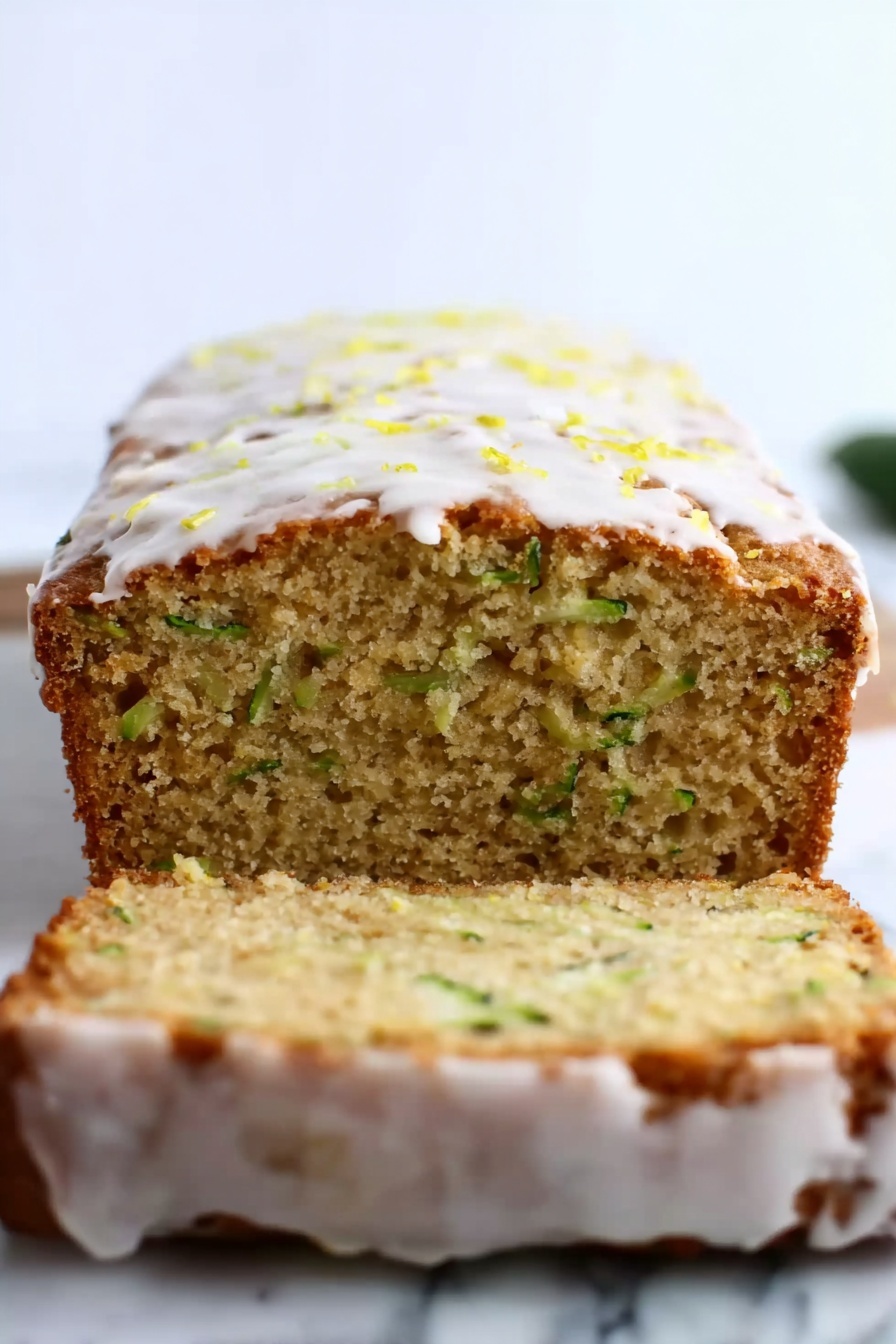Lemon Zucchini Bread, zucchini bread with lemon, citrus zucchini quick bread, moist lemon zucchini loaf, easy zucchini lemon cake - A loaf of zucchini bread sliced at the front, showing a moist texture with small green zucchini pieces spread inside the light brown crumb. The top layer and edges of the bread have a thin white icing drizzle that covers the whole surface unevenly with small yellow bits sprinkled on top. The bread sits directly on a white marbled surface, with the background also white marbled, creating a clean bright setting. photo taken with an iphone --ar 2:3 --v 7