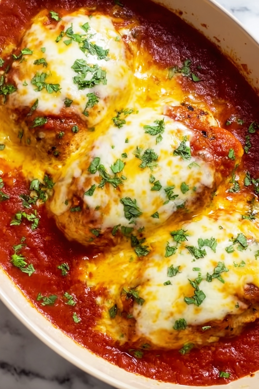 Salsa Chicken Bake, easy weeknight dinner, cheesy chicken casserole, baked salsa chicken, flavorful chicken bake - The image shows three large pieces of cooked chicken placed in a white ceramic dish, each covered with melted layers of yellow and white cheese. The chicken is partially submerged in a thick, rich red tomato sauce, which fills the spaces between the pieces. Bright green herbs are sprinkled over the cheese and sauce, adding a fresh look. The cheese has a smooth, slightly bubbly texture, while the sauce looks thick and hearty. The background features a white marbled surface. photo taken with an iphone --ar 2:3 --v 7