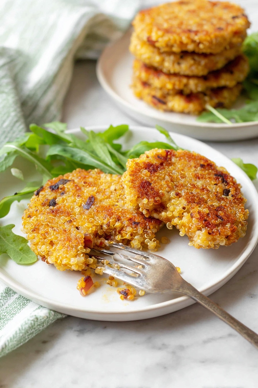 Quinoa Patties with Mozzarella, quinoa patties, cheesy quinoa bites, healthy quinoa snacks, easy vegetarian appetizers - The image shows two white plates on a white marbled surface. The front plate has two golden-brown quinoa patties with visible small pieces of red onion and crispy edges, one of which has a small piece taken off on a silver fork resting on the plate. There are a few fresh green arugula leaves placed beside the patties. The back plate, slightly out of focus, holds a stack of four similar quinoa patties. A green and white striped cloth napkin is partially visible on the left side. The light is natural and soft, making the colors warm and inviting. Photo taken with an iphone --ar 2:3 --v 7