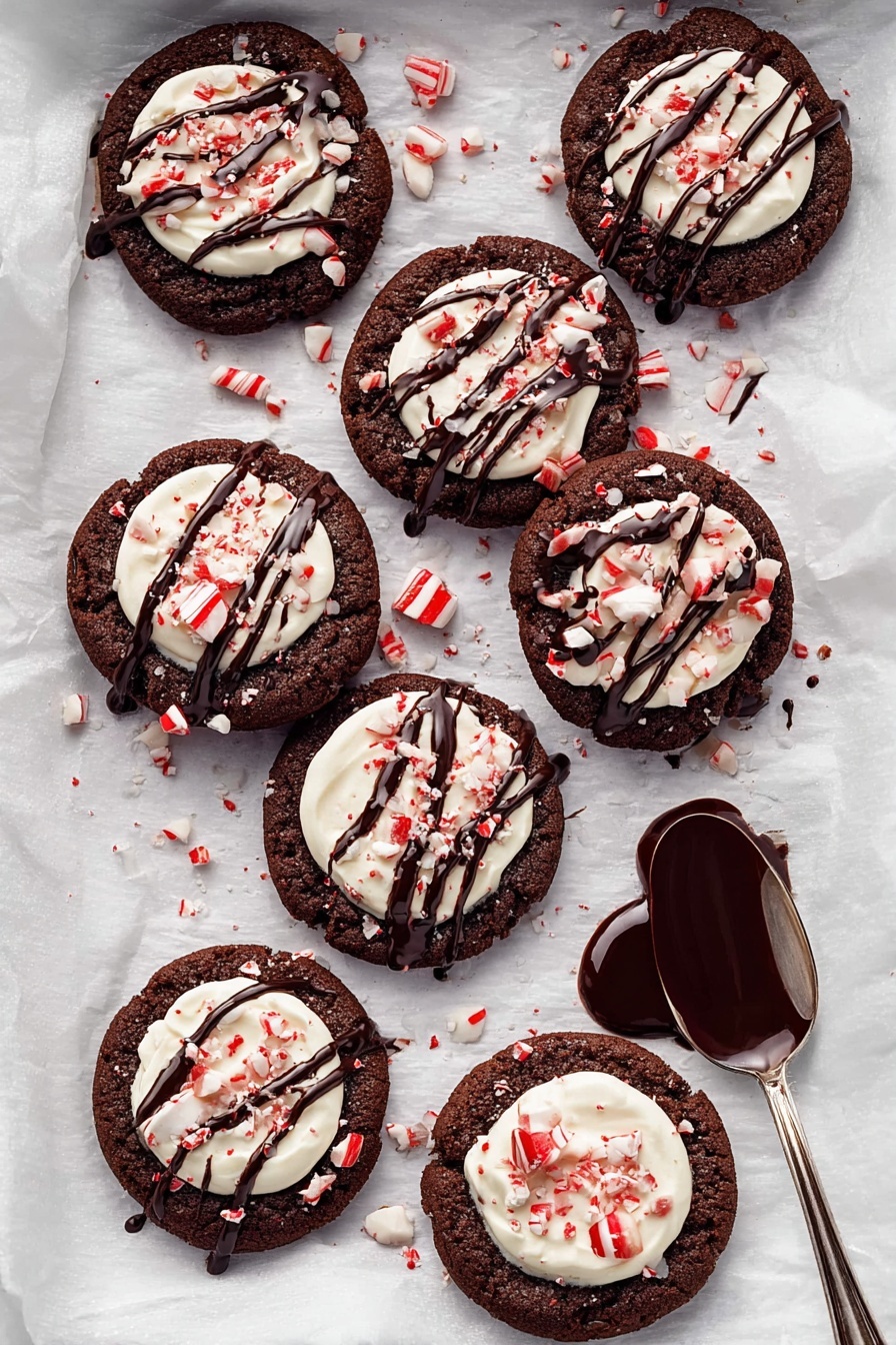 Peppermint Hot Chocolate Cookies, peppermint cookies, hot chocolate cookies, holiday cookie recipes, chocolate peppermint treats - The image shows eight round chocolate cookies placed on white parchment paper on a white marbled surface. Each cookie has three layers: a dark brown base layer with a soft, cracked texture; a smooth, white cream circle on top in the center; and crushed red and white peppermint pieces sprinkled over the cream. Thin ribbons of dark chocolate drizzle crisscross over both the cream and cookie layers. A silver spoon with thick dark chocolate sauce rests near the cookies, adding a glossy texture. The overall scene is bright with a clean background highlighting the rich colors of the cookies. Photo taken with an iphone --ar 2:3 --v 7