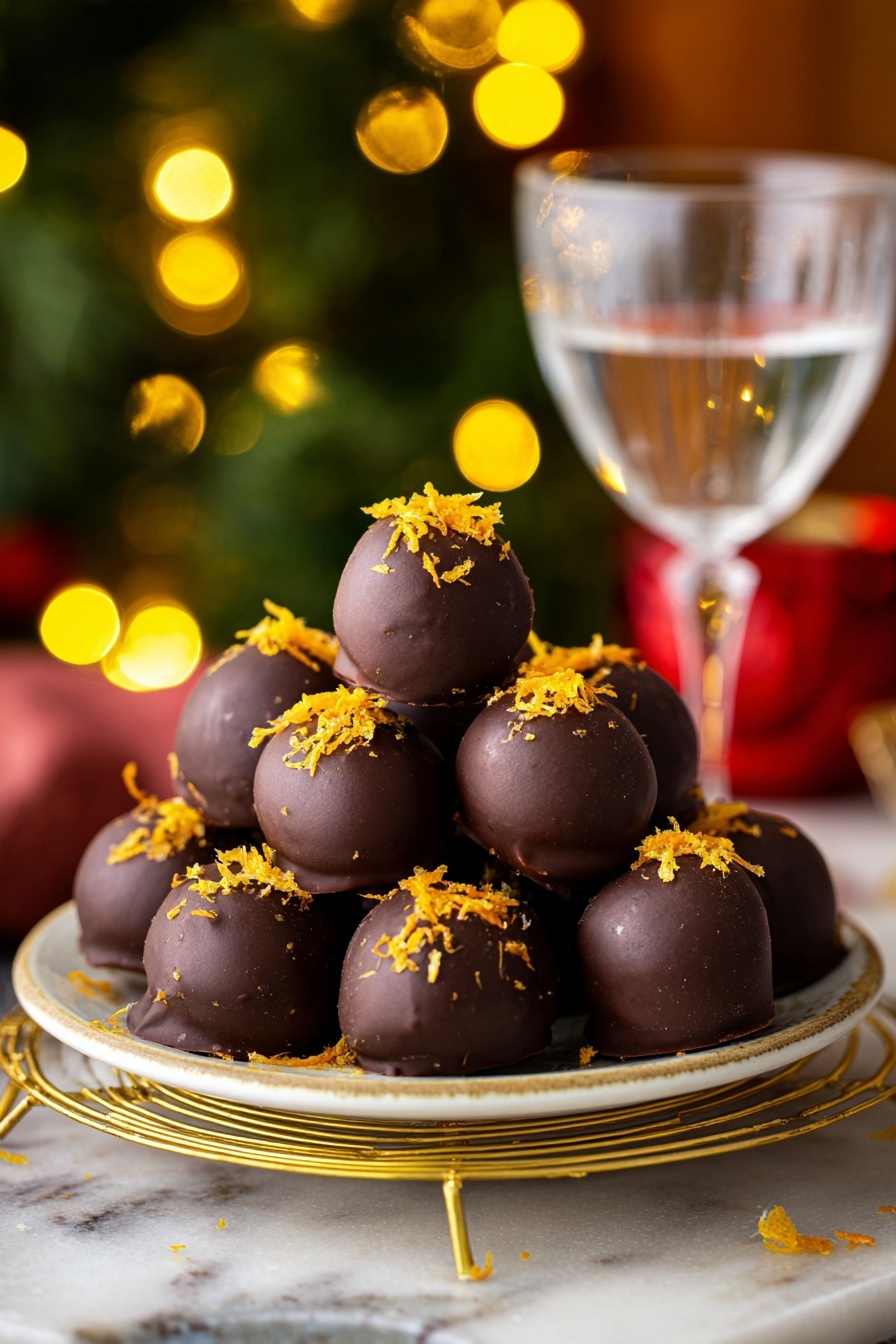 Chocolate Orange Christmas Truffles, festive holiday truffles, homemade chocolate truffles, orange-flavored Christmas treats, easy holiday chocolates - A white plate is filled with one layer of round dark chocolate balls stacked in a pyramid shape. Each chocolate ball is smooth and shiny with small pieces of orange peel on top. The plate is placed on a gold wire rack, which sits on a white marbled surface. There is a clear glass with a red stem filled with water next to the plate, and the background is softly blurred with yellow and red lights and a hint of green suggesting a festive setting. photo taken with an iphone --ar 2:3 --v 7