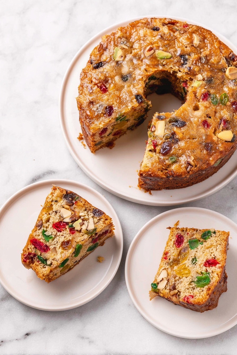 Fruit Cake with Candied Fruits and Nuts, candied fruit cake recipe, festive fruit cake, moist fruit cake, holiday nut and fruit cake - The image shows a round fruitcake with a hole in the center, placed on a white plate on a white marbled surface. The cake has a light brown, slightly textured top with visible mixed nuts and dried fruits embedded throughout. A single slice is cut and slightly pulled out, revealing the dense interior filled with green, red, and dark pieces of candied fruit and nuts in an off-white cake base. The cake looks moist with a rough surface on the edges of the slice. photo taken with an iphone --ar 2:3 --v 7