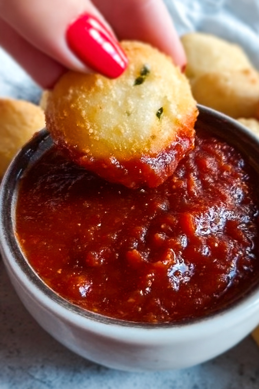 Cheesy Christmas Tree Bread, Christmas pull-apart bread, festive cheesy bread, holiday bread recipes, easy Christmas bread ideas - A close-up image shows a white marbled surface with a white bowl filled with thick red sauce that has a chunky texture and glossy finish. Above the bowl, a woman's hand with red painted nails is dipping a small round light golden brown fried item into the sauce. The fried item looks soft with a slightly crisp surface and a few green spots inside. The background is softly blurred to focus on the dip action. Photo taken with an iphone --ar 2:3 --v 7