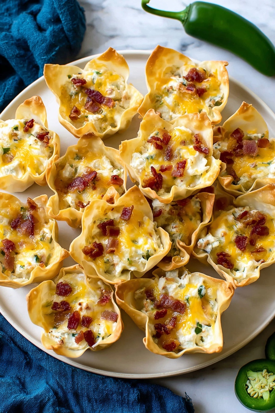 Jalapeno Popper Wonton Cups, jalapeno popper appetizers, spicy cheesy finger food, easy jalapeno bites, baked wonton cups - On a white plate set on a white marbled surface, there are eleven crispy golden brown wonton cups arranged closely together, each filled with a creamy white mixture that includes small green bits of jalapeño, topped with melted yellow cheddar cheese and small dark red pieces of crispy bacon; the wonton cups have uneven, slightly ruffled edges, and the colors of the filling contrast with the light golden shell and white plate; two green jalapeños and a blue cloth are visible near the plate; photo taken with an iphone --ar 2:3 --v 7
