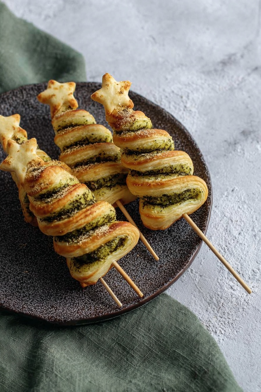 Pesto Puff Pastry Christmas Trees, Christmas appetizer ideas, holiday party finger foods, festive puff pastry recipes, easy Christmas appetizers - The image shows six Christmas tree-shaped puff pastries on wooden sticks, arranged on a dark textured round plate placed on white linen cloth and a green cloth on a white marbled surface. Each pastry has a golden-brown puff pastry base with green herb seasoning spread in swirled layers, giving the trees a two-tone look with slightly crispy edges. Topping each tree is a small star made of pale cheese, placed at the tip of the puff pastry. The overall look combines the light flaky texture of the dough with the darker green herbs, making the shapes stand out clearly. Photo taken with an iphone --ar 2:3 --v 7