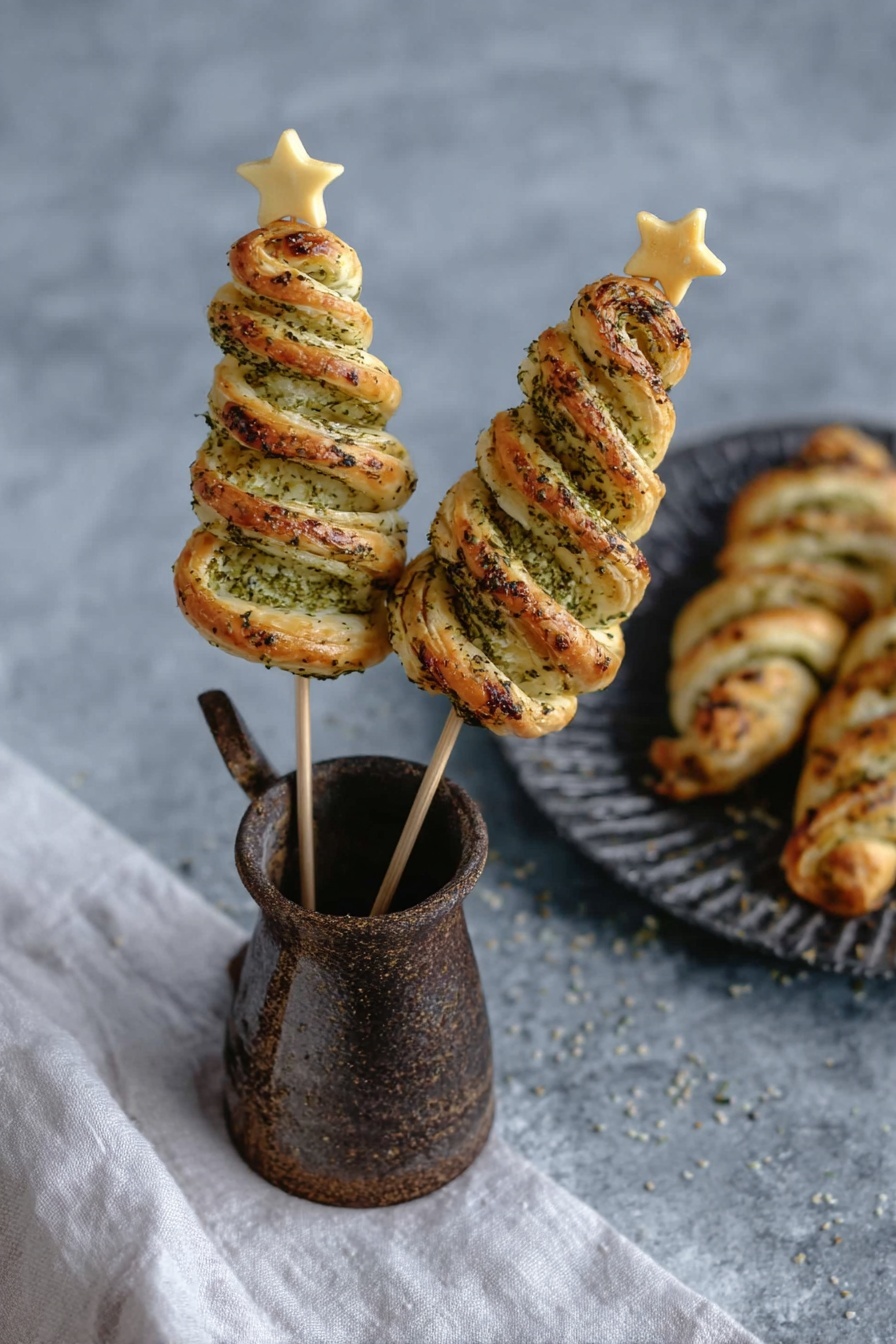 Pesto Puff Pastry Christmas Trees, Christmas appetizer ideas, holiday party finger foods, festive puff pastry recipes, easy Christmas appetizers - The image shows two puff pastry snacks shaped like Christmas trees, each made of several wavy layers of golden-brown dough twisted tightly. The pastry trees have a dusting of green herb seasoning on the surface, giving a speckled green and tan look. Each tree is on a wooden stick, topped with a small pale yellow star-shaped cheese piece. The sticks are placed inside a rustic, dark brown metal pitcher, standing on a white marbled surface with a white cloth next to it. In the background, more pastry trees lie on a dark gray textured plate, slightly blurred to keep the focus on the front two. photo taken with an iphone --ar 2:3 --v 7