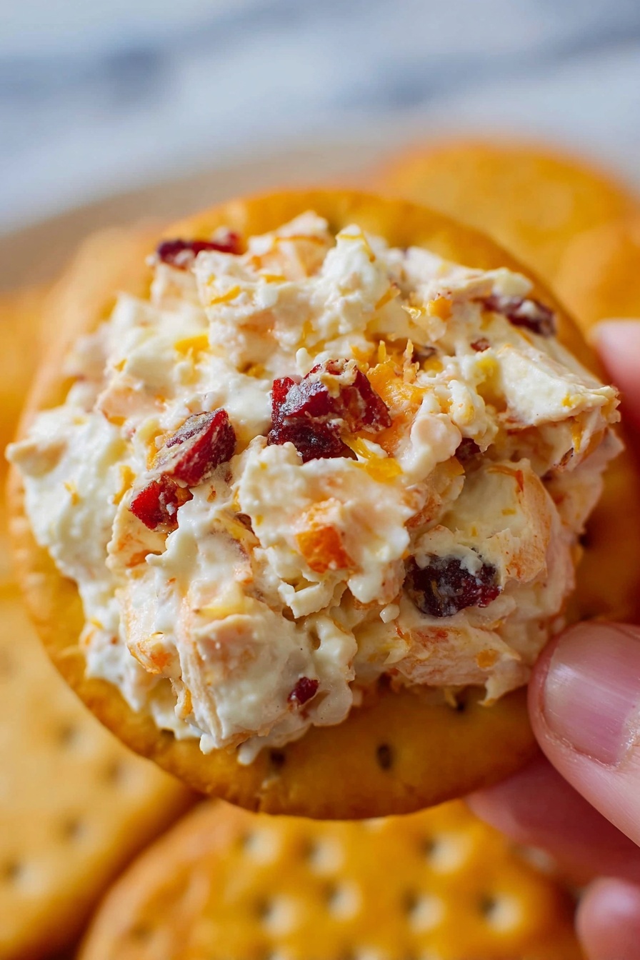 Cranberry Orange Cream Cheese Spread, cranberry orange dip, holiday cream cheese appetizer, quick fruit spread, festive cheese dip - A close-up image showing a round golden cracker held by a woman's hand, topped with a creamy, chunky mixture. The mixture has a white base with bright orange pieces and dark red bits scattered throughout, creating a textured look. The cracker's surface has small visible holes and a slightly uneven golden brown color. The background is soft and blurred, featuring a white marbled texture with other crackers faintly visible. photo taken with an iphone --ar 2:3 --v 7