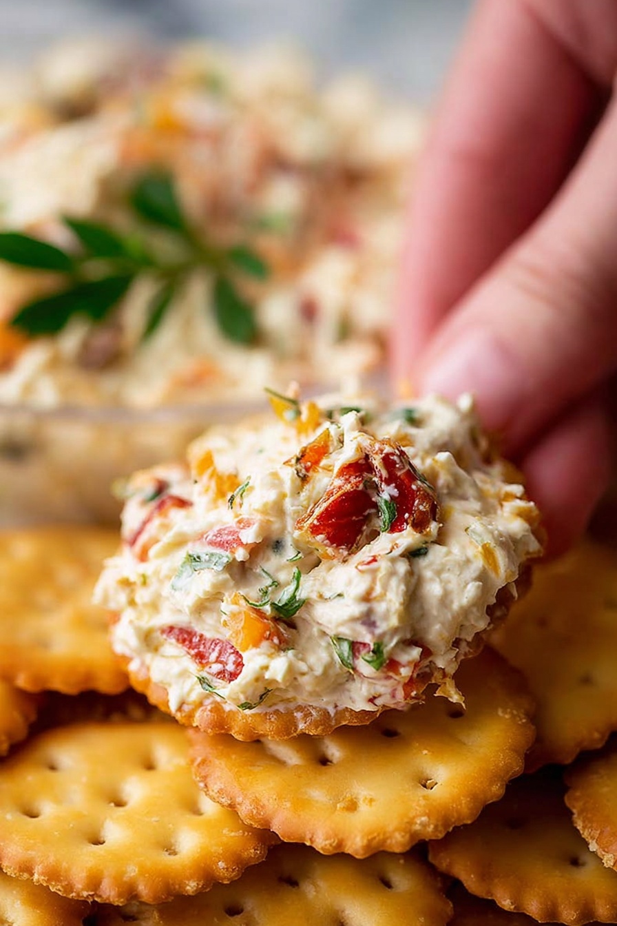 Italian Cheese Loaf Dip, Italian cheese appetizer, cheesy Italian dip, party dip recipes, Italian snack ideas - The image shows a soft, creamy cheese block mixed with red and green herbs and spices, giving it a speckled look. The cheese is topped with chunky, deep red sun-dried tomato pieces and fresh green rosemary sprigs. Golden oil glistens and drips down from the top, adding shine and richness. Around the cheese, there is a circle of round, light brown crackers, slightly out of focus in the foreground. The plate is white, and the surface under it is white with a marbled texture. Photo taken with an iphone --ar 2:3 --v 7