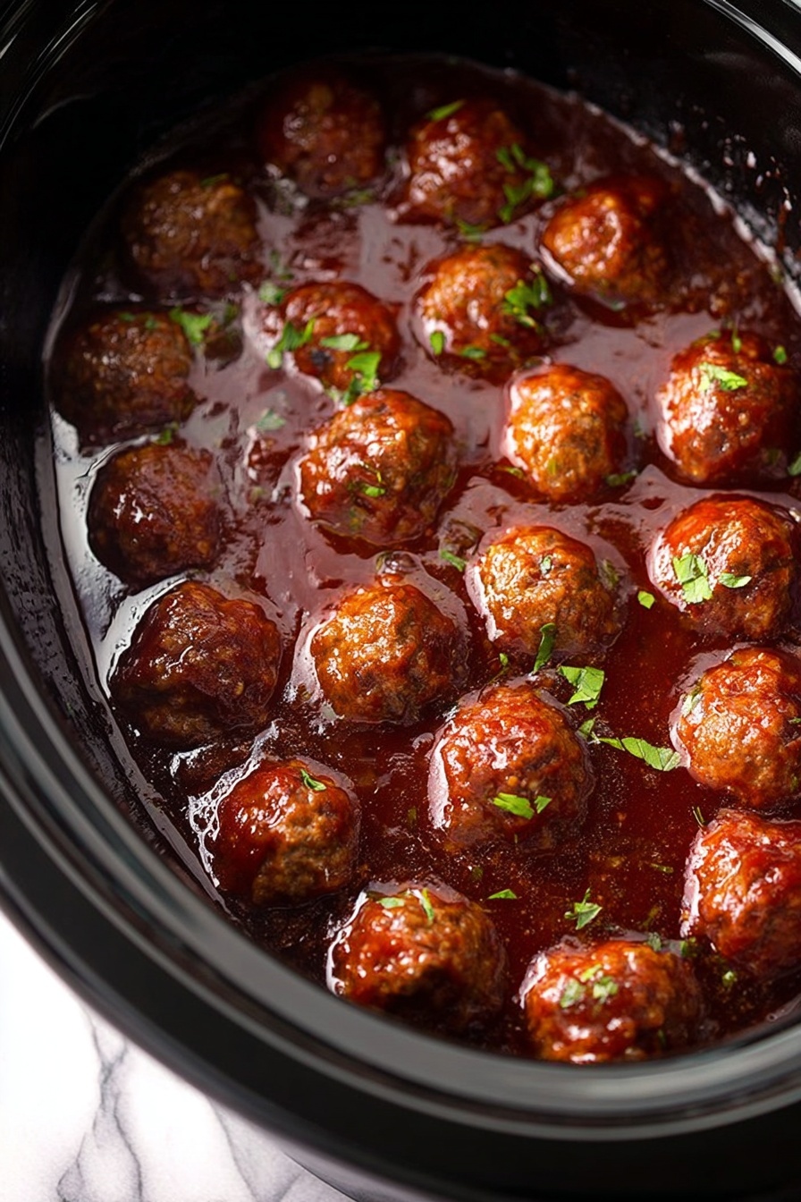 Bourbon Slow Cooker Meatballs, easy meatball recipes, slow cooker appetizer recipes, bourbon sauce recipes, crowd-pleasing meatball dish - Inside a black slow cooker, there are two layers: the bottom layer is a thick, dark red sauce with a shiny surface, and on top are many small, round meatballs coated in the sauce. The meatballs are brown with a slightly textured surface and are sprinkled with small green herbs. The sauce glistens and pools around the meatballs, creating reflections in the slow cooker. The background visible outside the slow cooker shows a white marbled texture. photo taken with an iphone --ar 2:3 --v 7