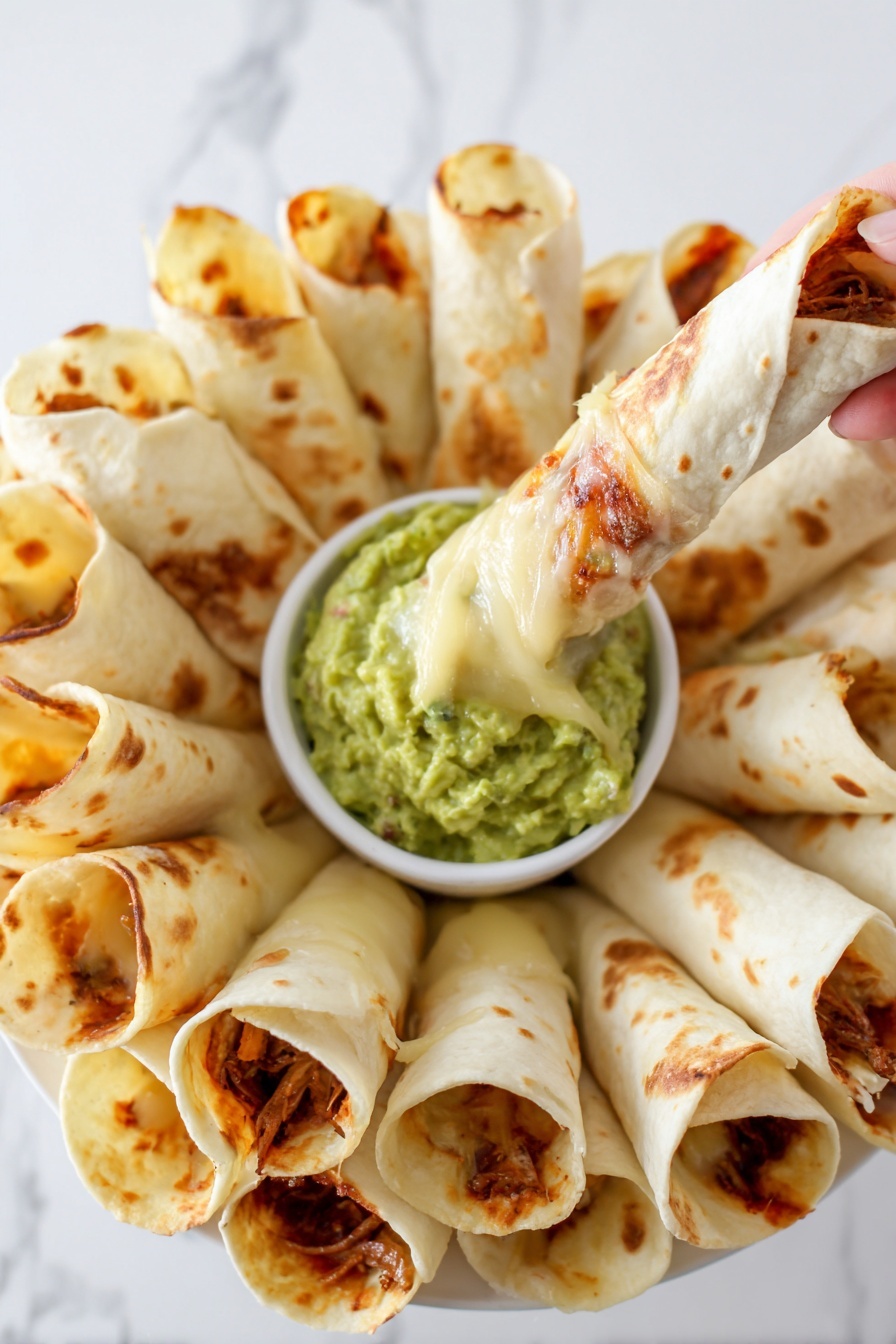 Burrito Ring with Chicken and Cheese, chicken and cheese burrito ring, easy party appetizer with chicken, cheesy stuffed ring recipe, family-friendly baked burrito ring - A white plate on a white marbled surface holds about ten rolled tortillas arranged in a circular pattern. Each tortilla is slightly toasted with some brown spots and melted cheese visible on a few pieces. In the center of the plate, there is a small white bowl filled with green guacamole that has a smooth but slightly chunky texture. A woman's hand with red painted nails is lifting one tortilla upright, showing some melted cheese stretching between the tortilla and the plate, adding a melted, stringy texture to the scene. The lighting is bright and clean, emphasizing the fresh colors and textures. photo taken with an iphone --ar 2:3 --v 7