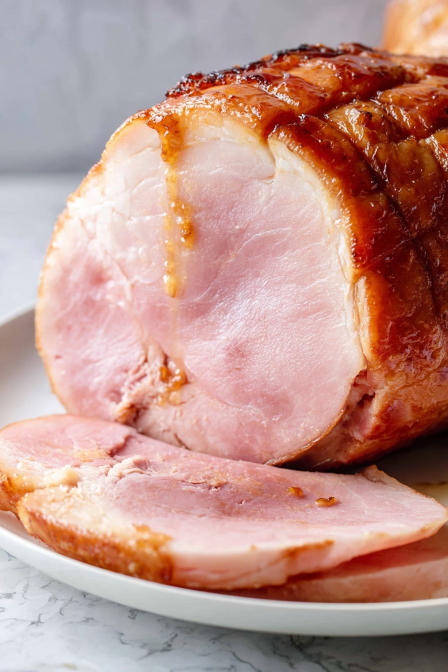 Brown Sugar Mustard Glazed Ham, ham glaze recipe, easy holiday ham, caramelized ham, flavorful glazed ham - A thick slice of cooked ham with a shiny light pink inside and a brown outside crust sits on a white plate. You can see the glossy glaze coating the top and sides, with some darker caramelized spots around the edges. The ham is juicy and soft, with smooth texture and slight marbling of fat near the edges. The slice is placed in front of a large chunk of the remaining ham, showing a similar layered texture and a slightly wrinkled outer skin. The plate rests on a white marbled surface. Photo taken with an iphone --ar 2:3 --v 7