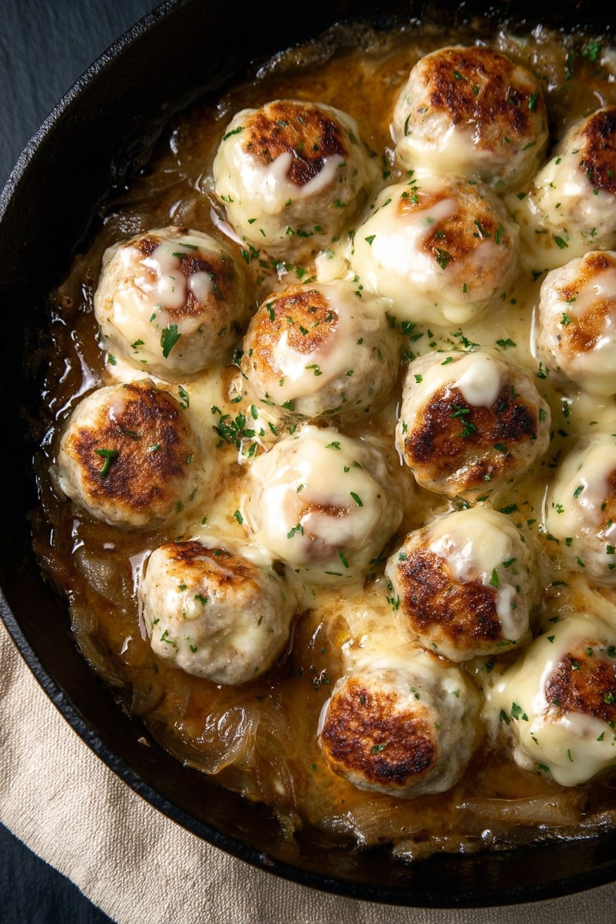 French Onion Chicken Meatballs, French Onion Chicken Meatballs recipe, savory chicken meatballs with onions, cheesy baked chicken meatballs, easy French onion inspired dinner - The image shows a black cast iron pan filled with golden brown meatballs topped with melted white cheese that has a light browned crust. The meatballs rest in a rich brown onion sauce with visible caramelized onion slices and small green herb sprigs scattered on top. A silver spoon is partly dipped into the sauce on the left side of the pan, and the scene is set on a white marbled textured surface. photo taken with an iphone --ar 2:3 --v 7