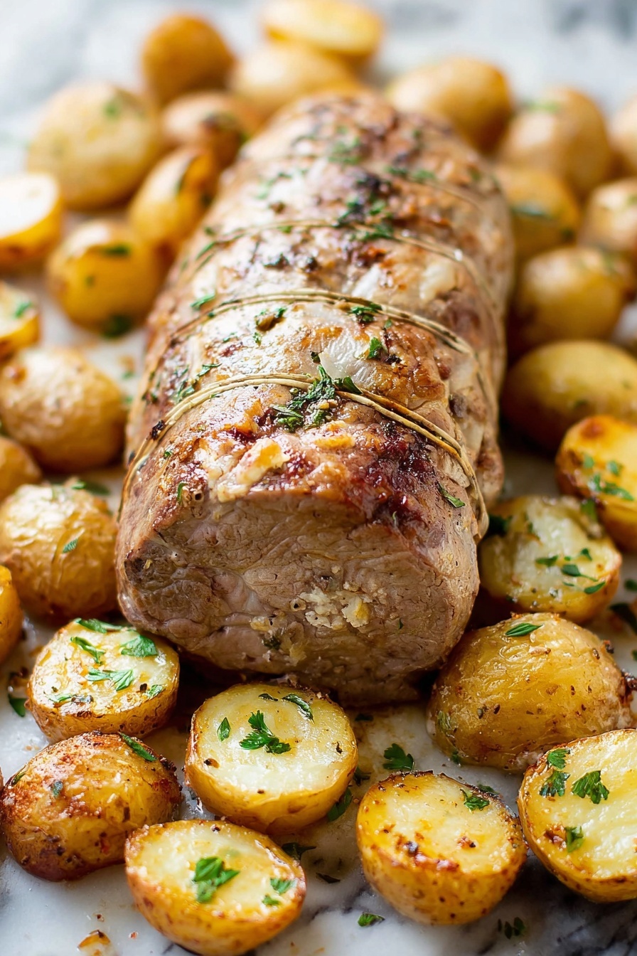Stuffed Pork Tenderloin with Sun-Dried Tomatoes, stuffed pork tenderloin recipe, sun-dried tomato pork filling, easy pork tenderloin dinner, gourmet pork recipes - A cooked, round roast tied with string is placed in the center on a white marbled surface, showing a light golden brown roasted exterior with some herbs sprinkled on top. Surrounding the roast are many halved roasted potatoes with golden brown spots and light green herb garnishes, positioned unevenly around the roast. The texture of the roast is smooth with some crispy edges, and the potatoes have a slightly crispy outer skin with soft, light yellow flesh inside. photo taken with an iphone --ar 2:3 --v 7