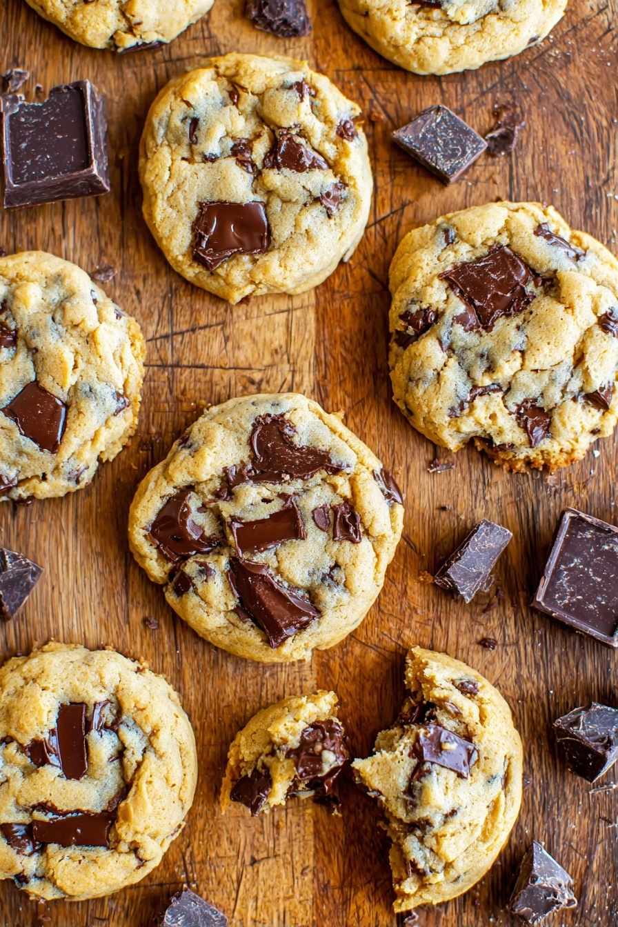 Cream Cheese Chocolate Chip Cookies, best cream cheese cookie recipe, soft chewy chocolate chip cookies, luxurious cream cheese cookies, homemade chocolate chip cookies - The image shows a group of seven light golden brown chocolate chip cookies with soft, chunky textures. Each cookie is thick with visible melted and solid dark chocolate chunks embedded throughout the surface. The cookies are laid flat on a scratched wooden cutting board with a rustic feel. Some extra chocolate chunks are scattered around the cookies on the board. One cookie in the lower right corner has a bite taken out of it, showing the dense inside filled with chocolate pieces. The scene has warm lighting highlighting the cookies' textures and colors. Photo taken with an iphone --ar 2:3 --v 7