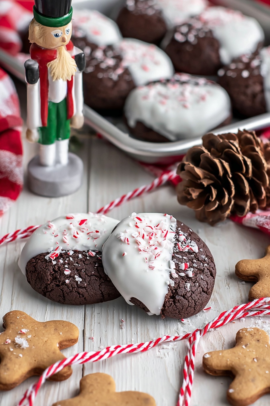 Chocolate Peppermint Candy Cane Cookies, festive holiday cookies, peppermint chocolate cookies, peppermint crunch cookies, holiday cookie recipes - The image shows dark brown chocolate cookies lightly cracked on the surface, each half-dipped in smooth white icing and sprinkled with small red and white peppermint bits on top. The cookies are arranged on a white wooden table and a silver baking tray, accompanied by several natural pine cones. Bright red and white striped string weaves through the cookies, adding a festive touch. A wooden nutcracker figure wearing white and green sits in the background holding small wooden gingerbread-shaped decoration pieces. The overall scene feels warm and holiday-themed. photo taken with an iphone --ar 2:3 --v 7
