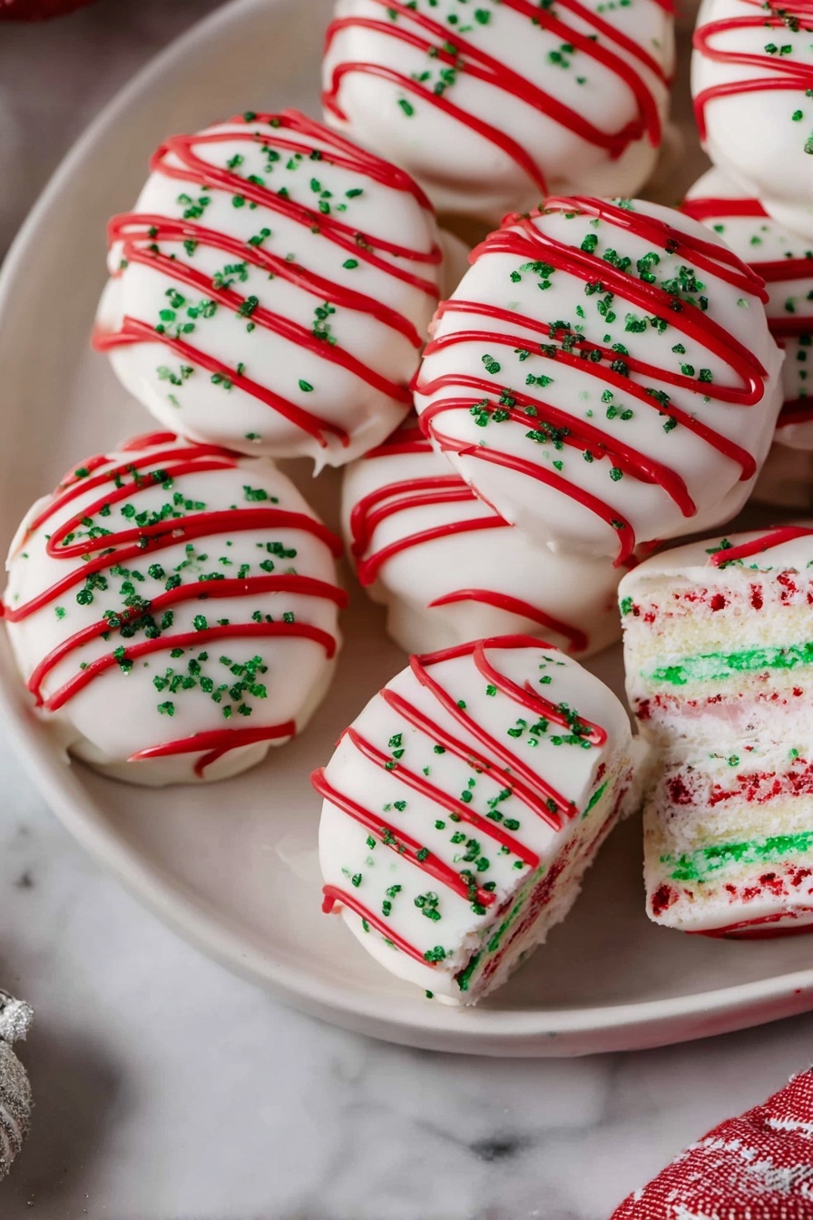 Christmas Tree Cake Truffles, festive holiday treats, easy Christmas dessert, homemade cake truffles, holiday chocolate truffles - A white round plate holds several small round treats, each layer smooth and covered with white icing. Red icing is drizzled over the top in curved lines, creating a festive look. Small green sprinkles are scattered across the white icing, adding texture and color contrast. The plate is placed on a white marbled surface. Part of a square treat with the same colors and decorations is visible on the right side of the plate, slightly bigger and showing three layers. photo taken with an iphone --ar 2:3 --v 7