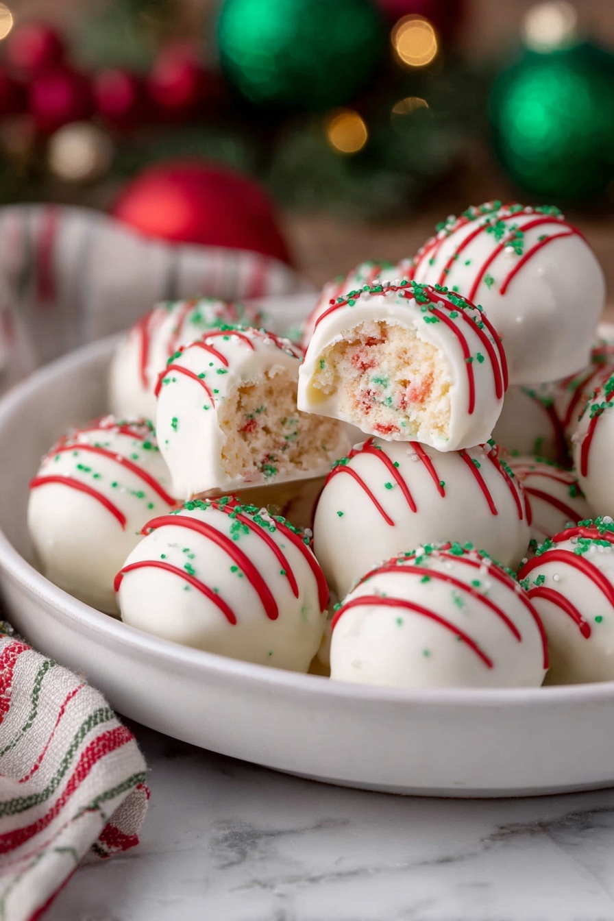 Christmas Tree Cake Truffles, festive holiday treats, easy Christmas dessert, homemade cake truffles, holiday chocolate truffles - A white round plate filled with smooth, white-coated round truffles decorated with thin red stripes and small green sprinkles. One truffle is open, showing a soft, crumbly interior with red and green flecks. The plate sits on a white marbled surface, and blurred holiday decorations with green and red colors are visible in the background. photo taken with an iphone --ar 2:3 --v 7