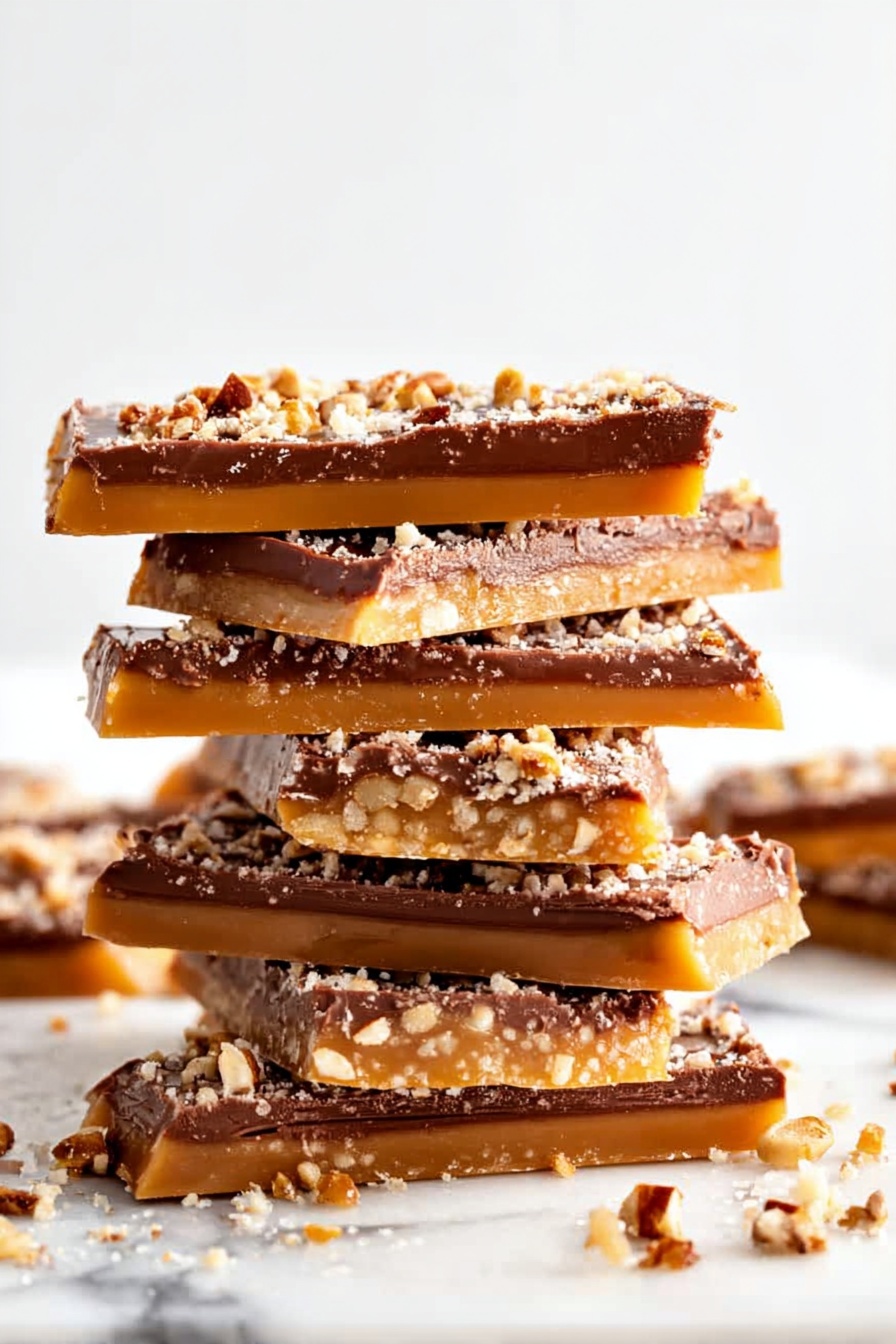 Homemade Toffee with Chocolate and Pecans, chocolate pecan toffee, easy homemade toffee, caramel toffee with nuts, rich chocolate toffee bites - The image shows a stack of chocolate-covered bars with three clear layers: a bottom layer of light golden caramel, a middle layer of orange toffee, and a thick top layer of dark glossy chocolate sprinkled with crushed pale and brown nuts. The bars are cut into irregular rectangles and angled on a shiny metal tray, with one piece tilted to show the caramel and toffee layers inside. The background has a white marbled texture. photo taken with an iphone --ar 2:3 --v 7