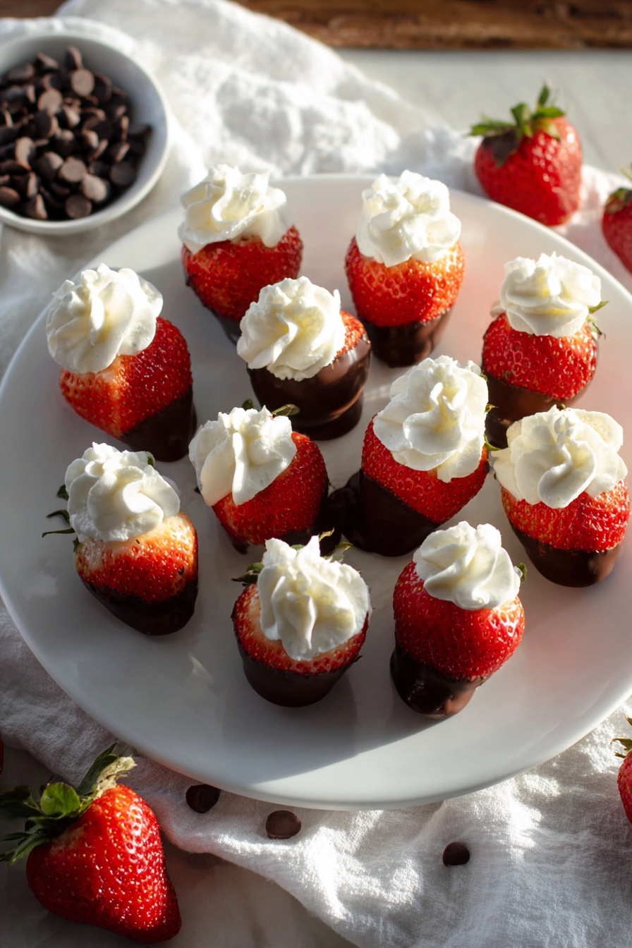 Chocolate Cheesecake Strawberries, chocolate-covered strawberries with cheesecake filling, easy chocolate strawberry dessert, Valentine’s Day fruit desserts, decadent chocolate strawberry treat - A white plate on a white marbled surface holds 13 strawberries, each dipped halfway in smooth milk chocolate at the bottom, showing the bright red juicy top half. On top of each strawberry is a swirl of white whipped cream, neatly piped in a floral shape. Around the plate, there are a few whole strawberries with green tops and some dark chocolate chips scattered on a white cloth. Soft sunlight shines from the side, casting gentle shadows and highlighting the glossy texture of the strawberries and chocolate. Photo taken with an iphone --ar 2:3 --v 7
